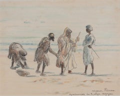 Vintage Les prisonniers sur la plage “Mazagan” by Georges Manzana Pissarro - Drawing