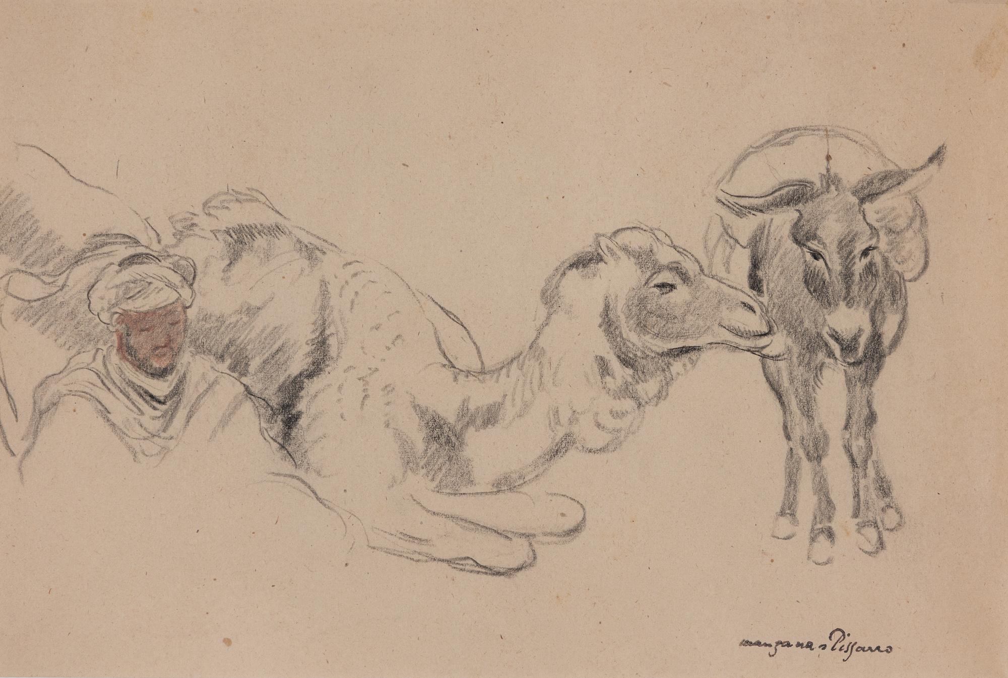 Georges Henri Manzana Pissarro Figurative Art - Man with Camel and Donkey by Georges Manzana Pissarro - Work on paper