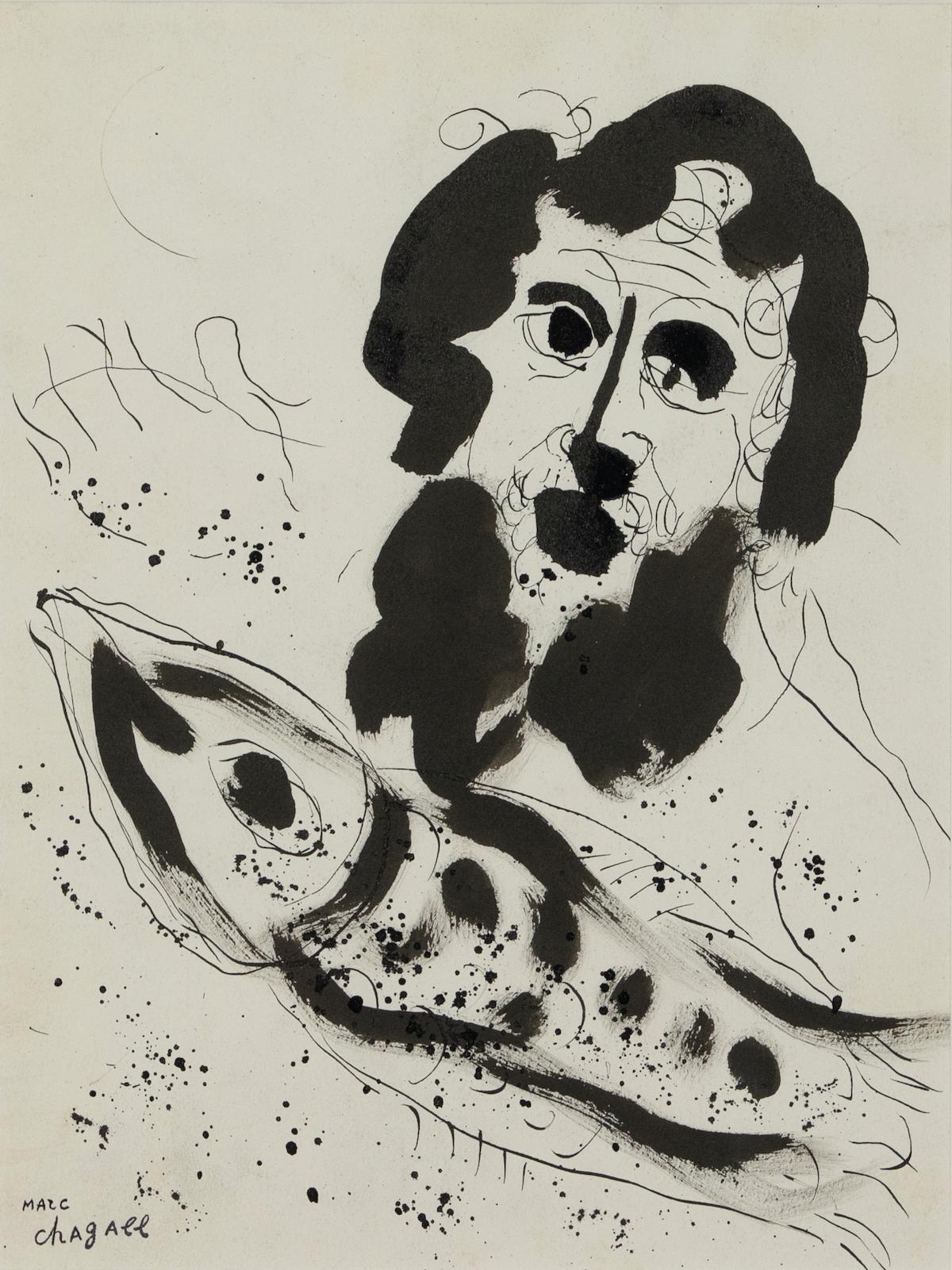 *PLEASE NOTE UK BUYERS WILL ONLY PAY 5% VAT ON THIS PURCHASE.

Jonas by Marc Chagall (1887-1985)
Indian ink on paper
35.6 x 26.9 cm (14 x 10 ⅝ inches)
Signed with Estate stamp lower left, Marc Chagall
Executed in 1958-59

This was a preliminary work