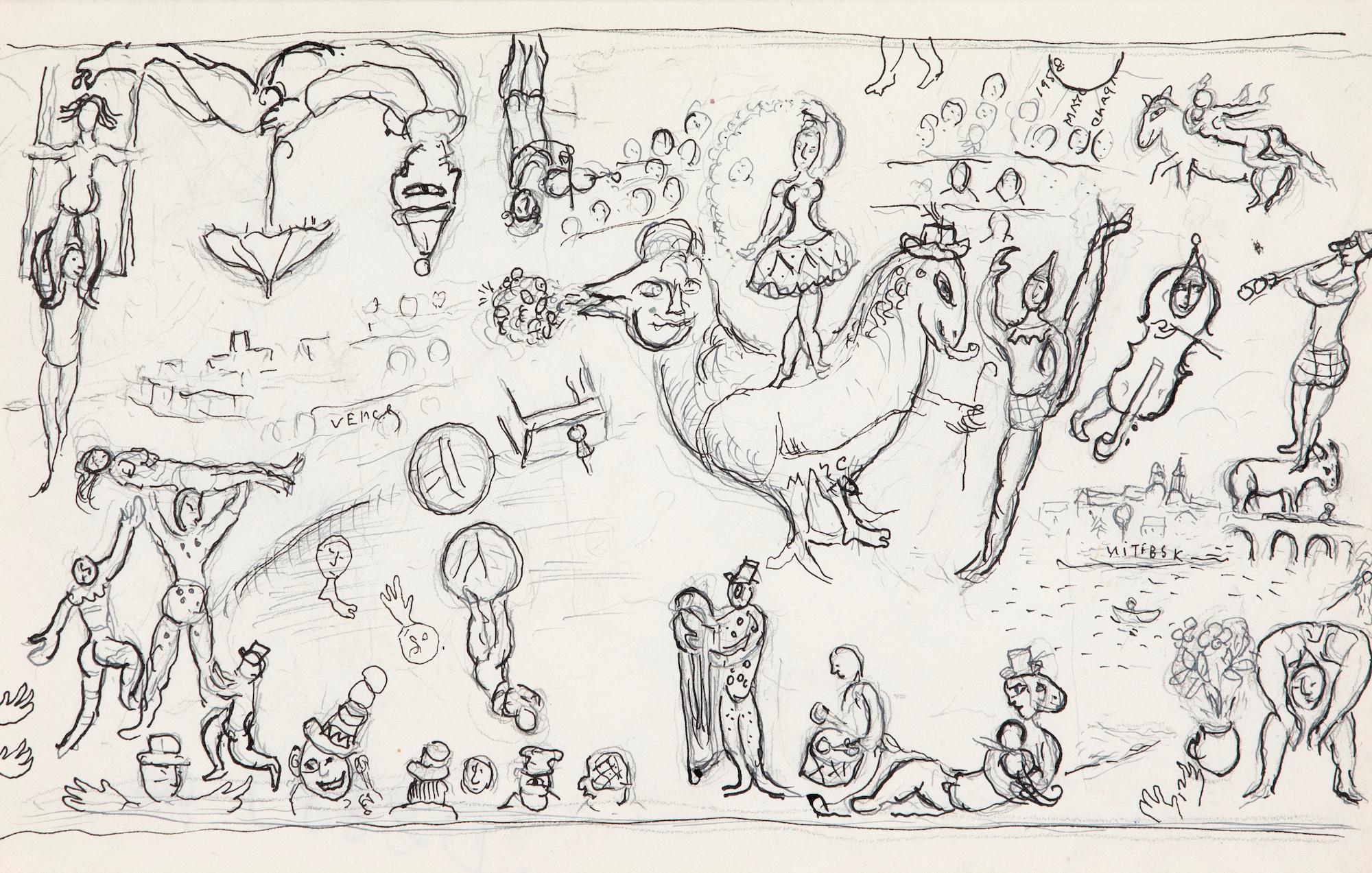 *CE PRIX COMPREND UN DROIT D'IMPORTATION DE 5 % APPLICABLE SI LE TRAVAIL RESTE AU ROYAUME-UNI UNIQUEMENT. 

Esquisse pour "Commedia dell'arte" de Marc Chagall (1887-1985)
Encre de Chine, plume et crayon sur papier
26,2 x 36,2 cm (10 ¹/₄ x 14 ¹/₄
