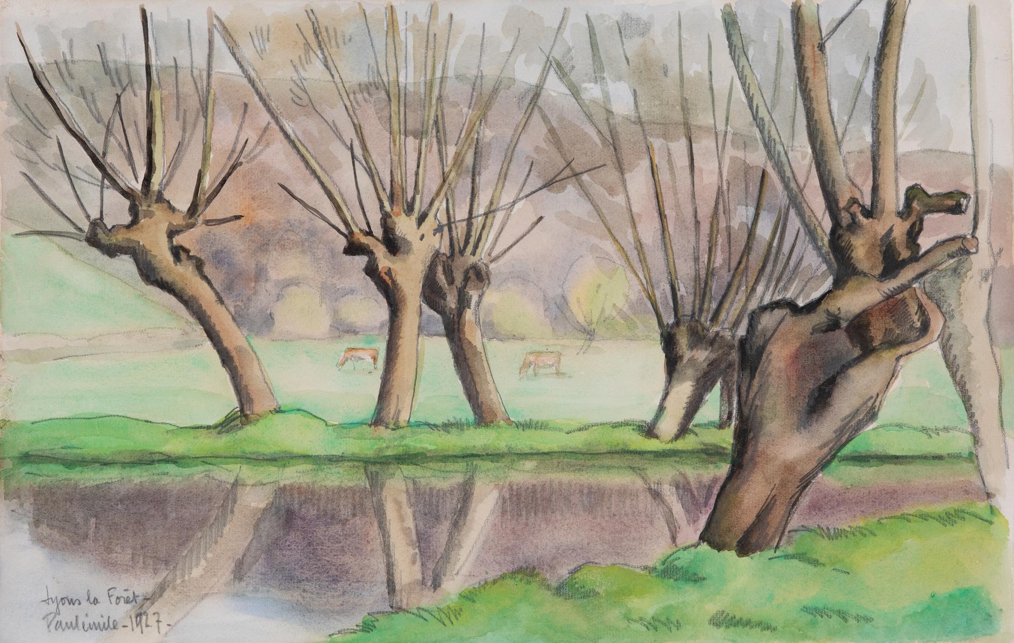 Paul Emile Pissarro Landscape Art - River Eure, Lyons la Forêt by Paulémile Pissarro - Landscape watercolour