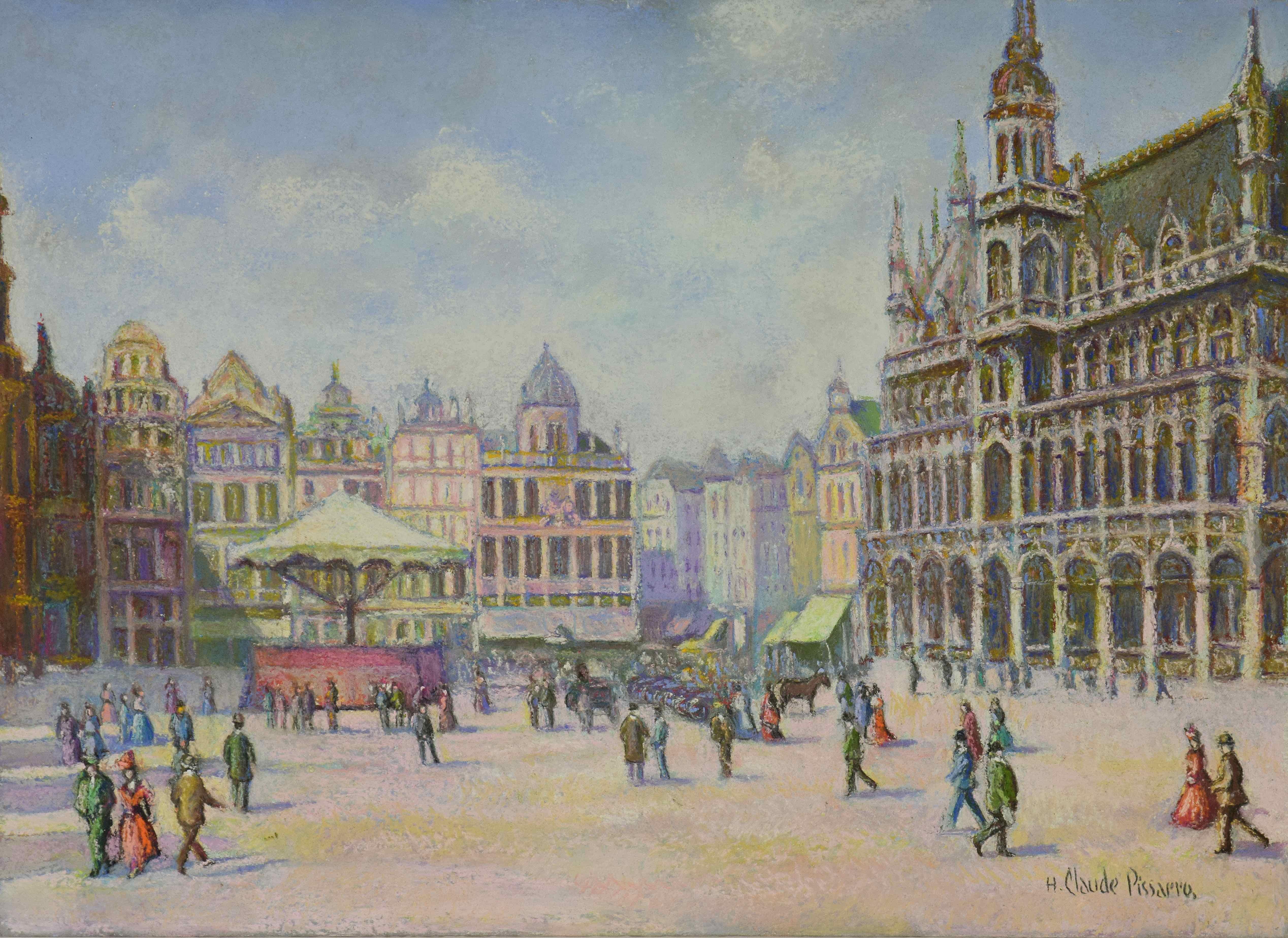 Hughes Claude Pissarro Figurative Art - La Grande Place (Bruxelles) by H. Claude Pissarro - Pastel work on paper