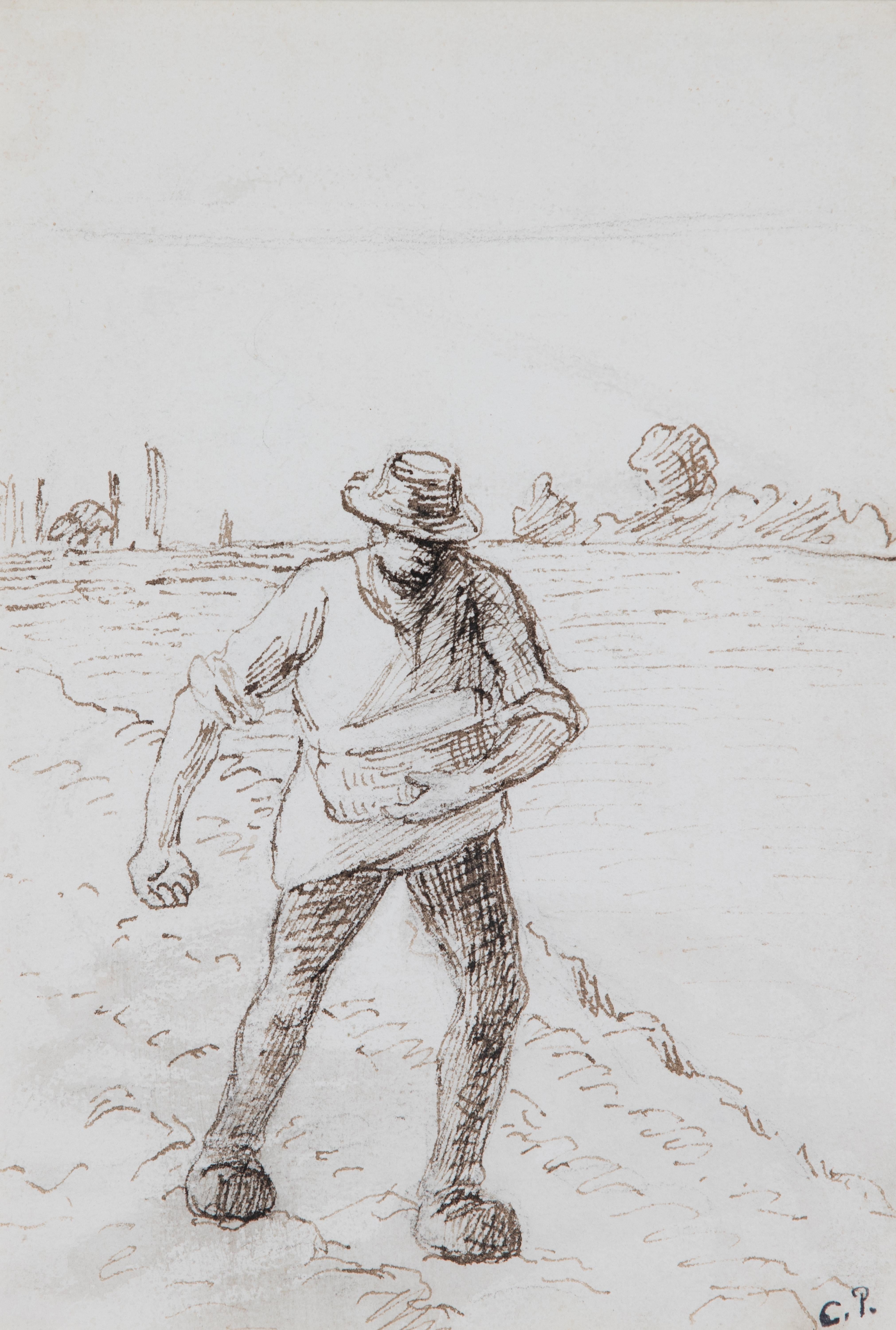Der Sämann von Camille Pissarro (1830-1903)
Tinte auf Papier
23 x 16 cm (9 x 6 ⁵/₈ Zoll)
Rechts unten gestempelt, C.P. 

Dieses Werk wird von einem Echtheitszertifikat von Dr. Joachim Pissarro begleitet und wird in den kommenden Catalogue Raisonné