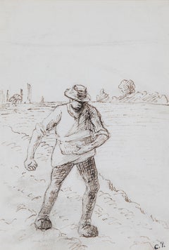 Antique The Sower by Camille Pissarro - Ink drawing