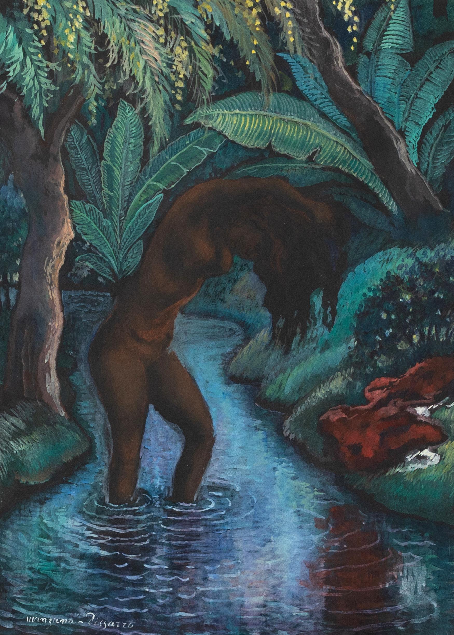 Nude Georges Henri Manzana Pissarro - Baigneuse dans un cours d'eau de Georges Manzana Pissarro - Gouache sur papier