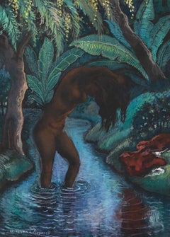 Baigneuse dans un cours d'eau di Georges Manzana Pissarro - Gouache su carta