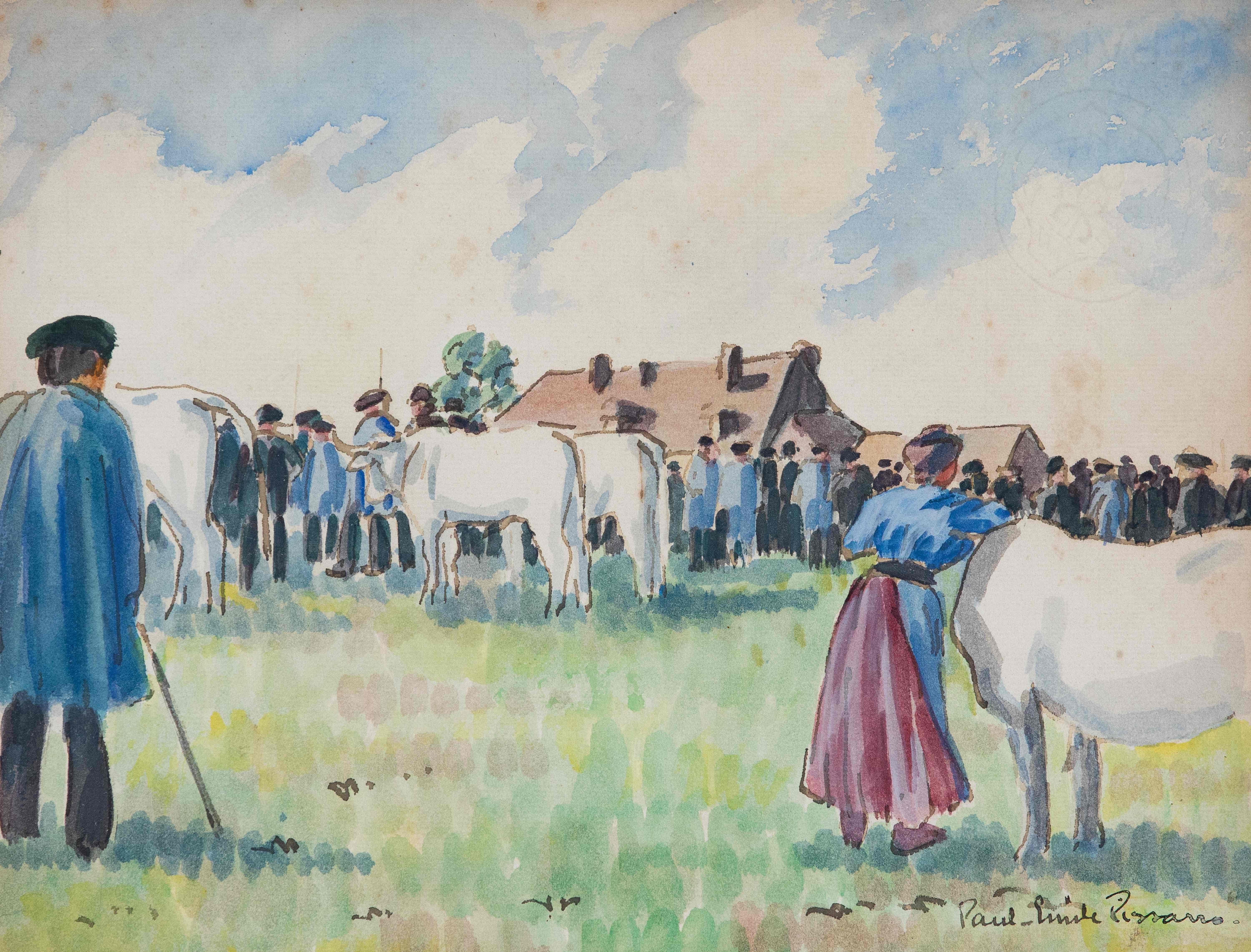 Le marché aux bestiaux by Paulémile Pissarro - Watercolour and ink on paper