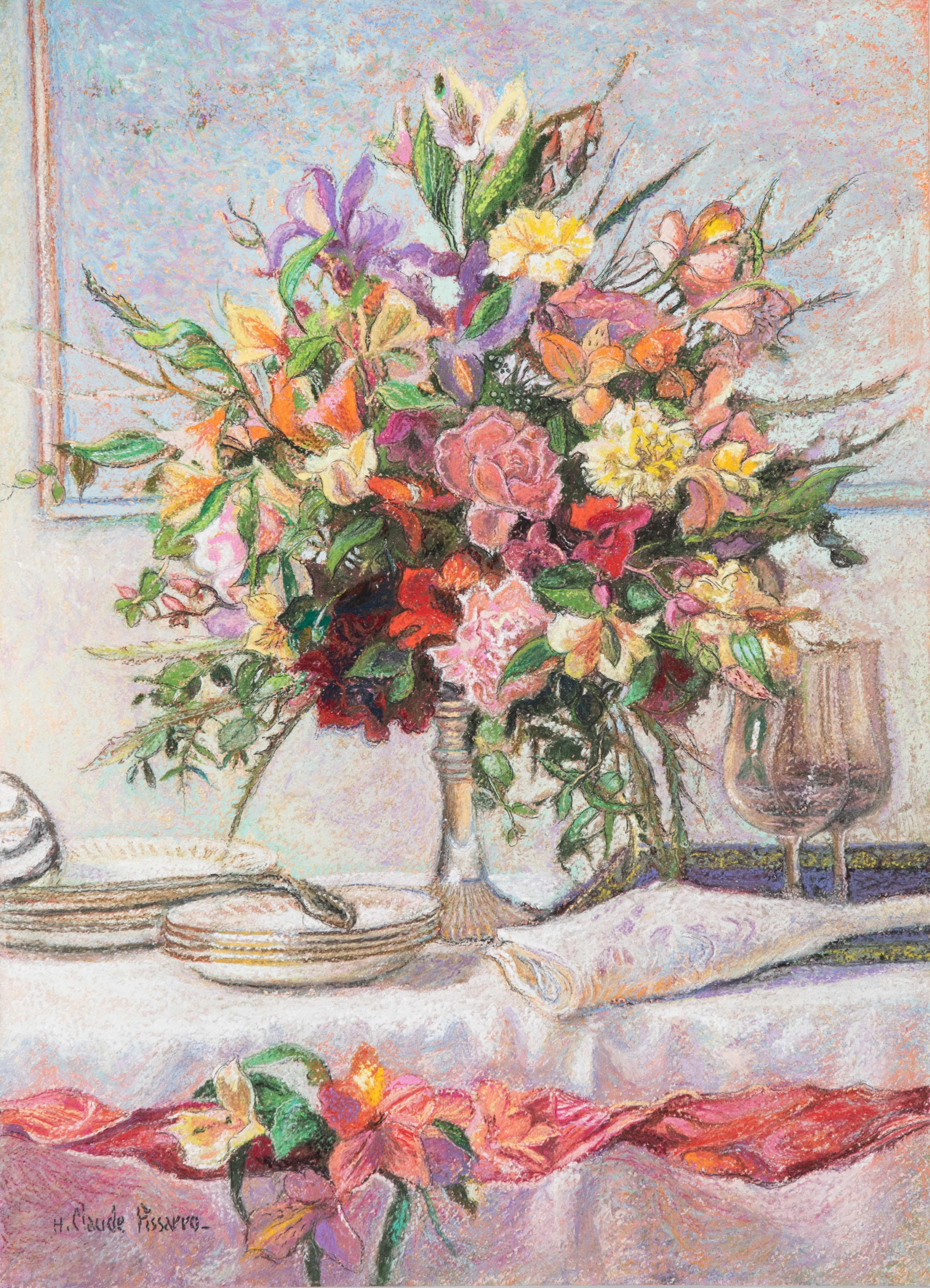 Bouquet pour le dîner by H. Claude Pissarro - Still Life, pastel on card - Art by Hughes Claude Pissarro