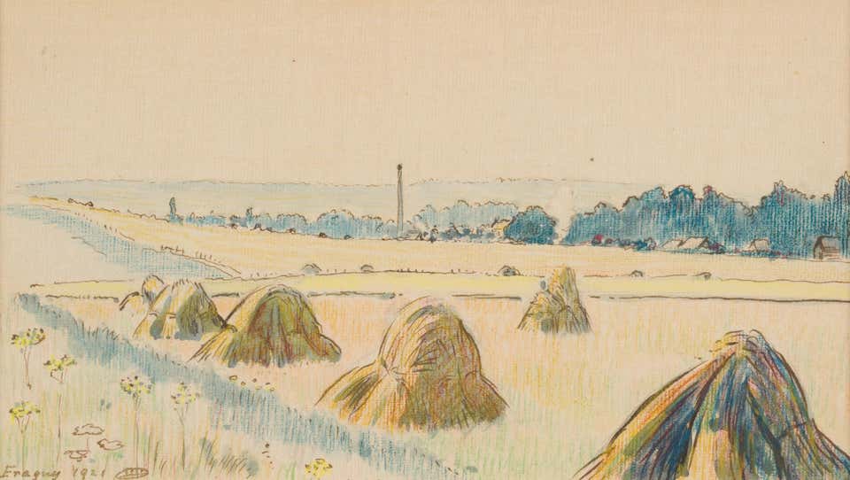 Haystacks, Eragny by Lucien Pissarro - Landscape, Work on paper