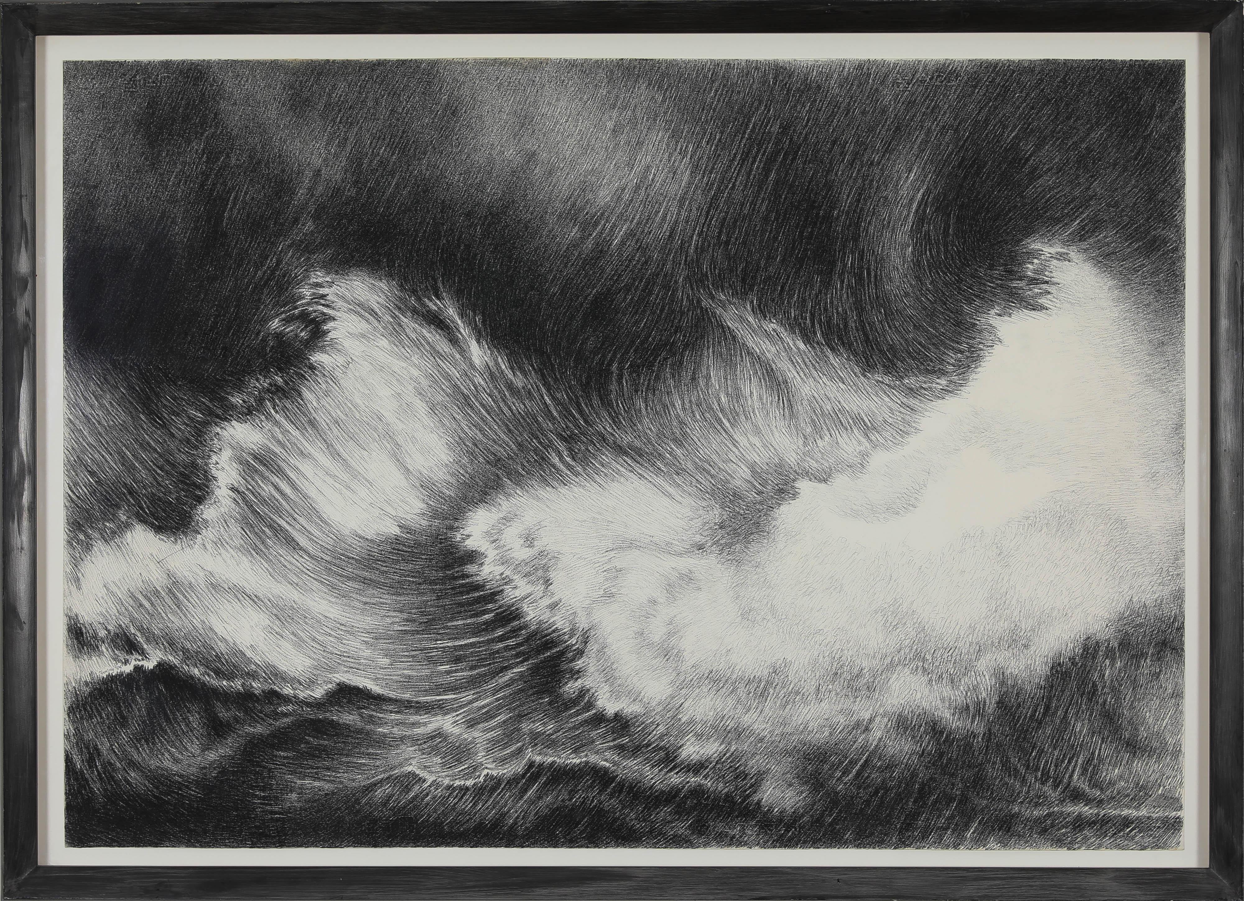 Große schwarz-weiße Zeichnung mit dem Titel „Waves“ des französischen Künstlers Yvon Pissarro  im Angebot 1