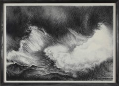 Large black and white drawing titled 'Waves' by French artist Yvon Pissarro