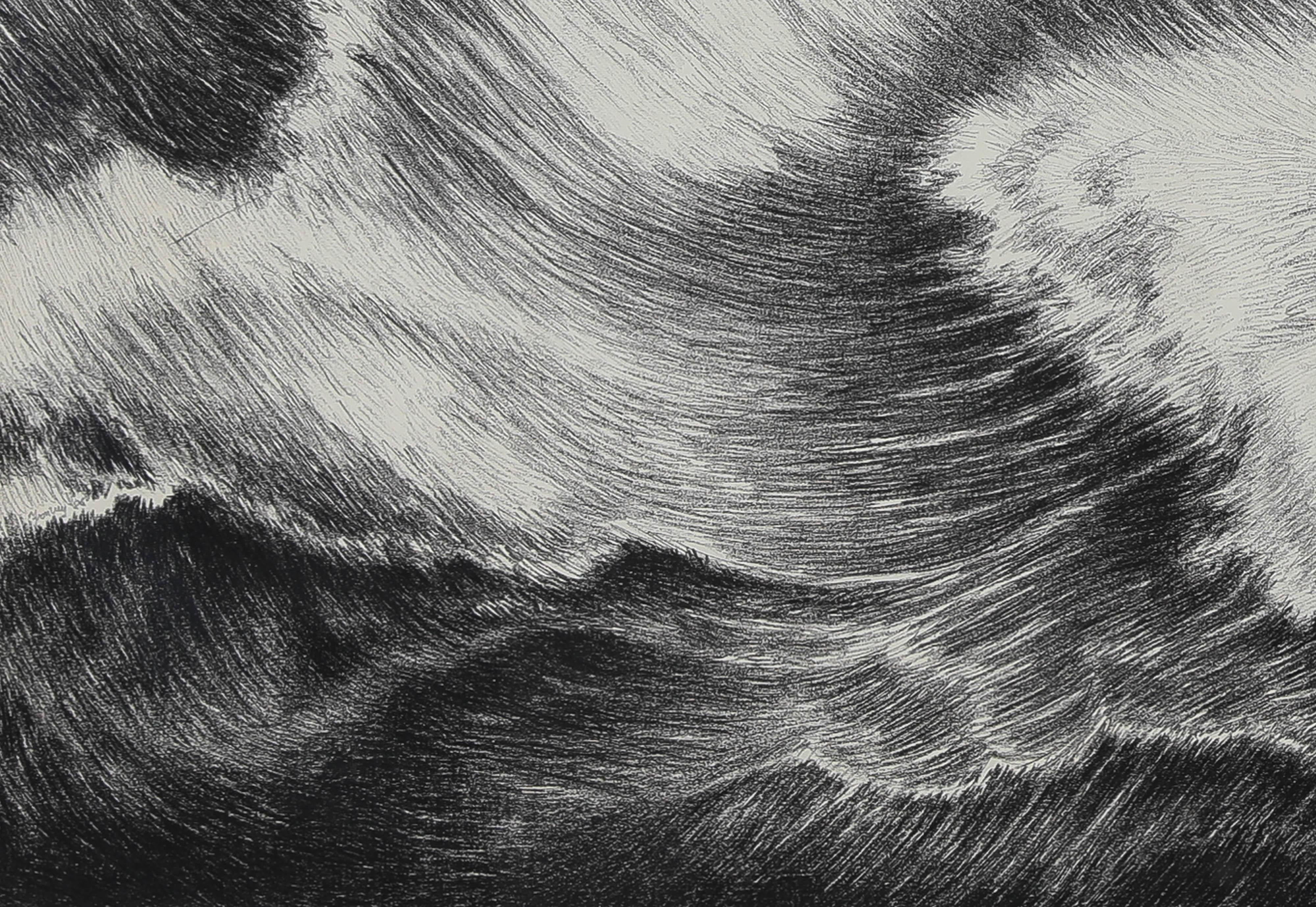 Große schwarz-weiße Zeichnung mit dem Titel „Waves“ des französischen Künstlers Yvon Pissarro  im Angebot 3