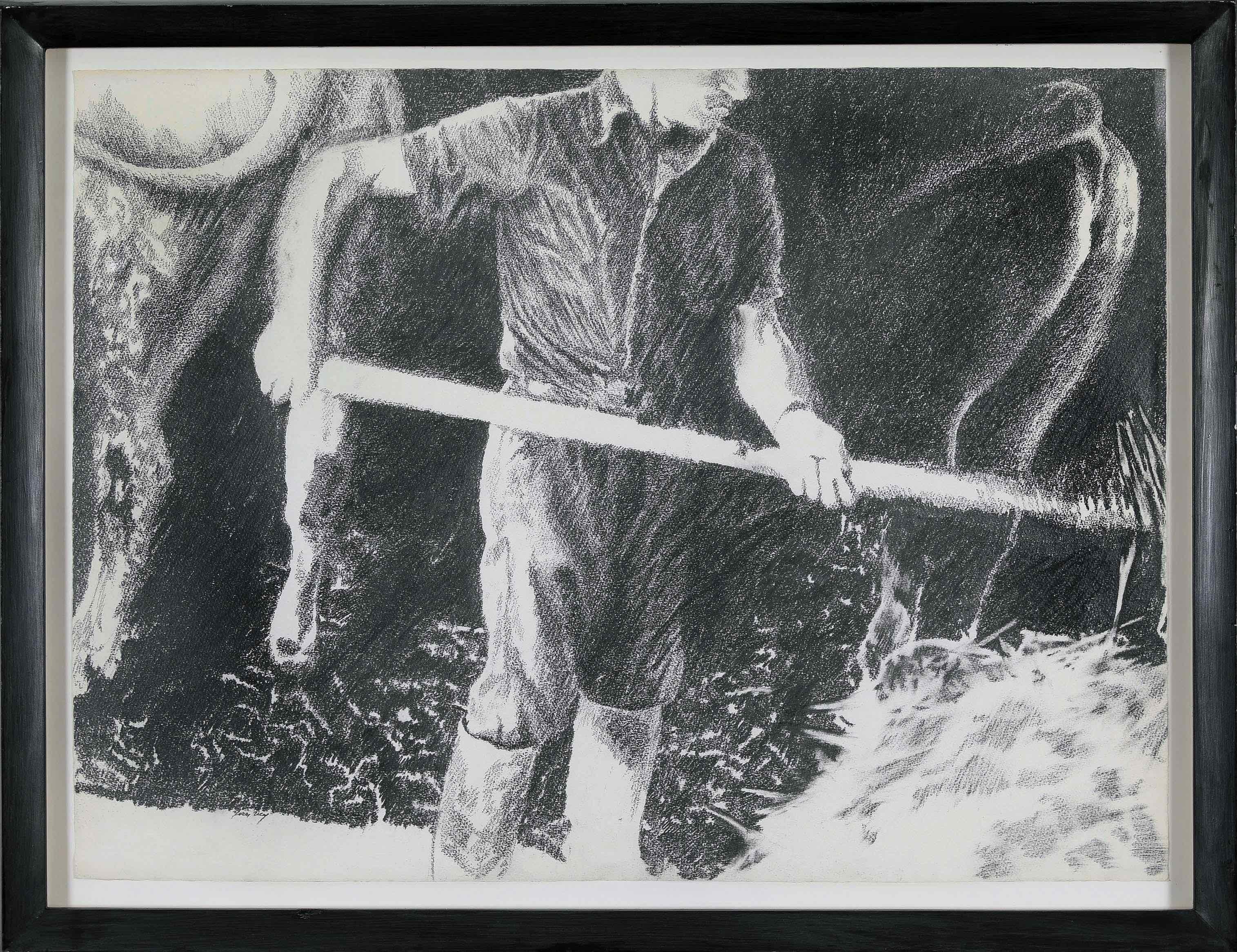 Large black and white drawing by Yvon Pissarro titled Farmhand in a Cowshed For Sale 1