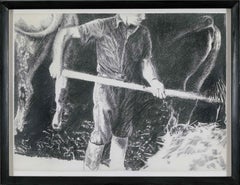 Gran dibujo en blanco y negro de Yvon Pissarro titulado Granjero en un establo
