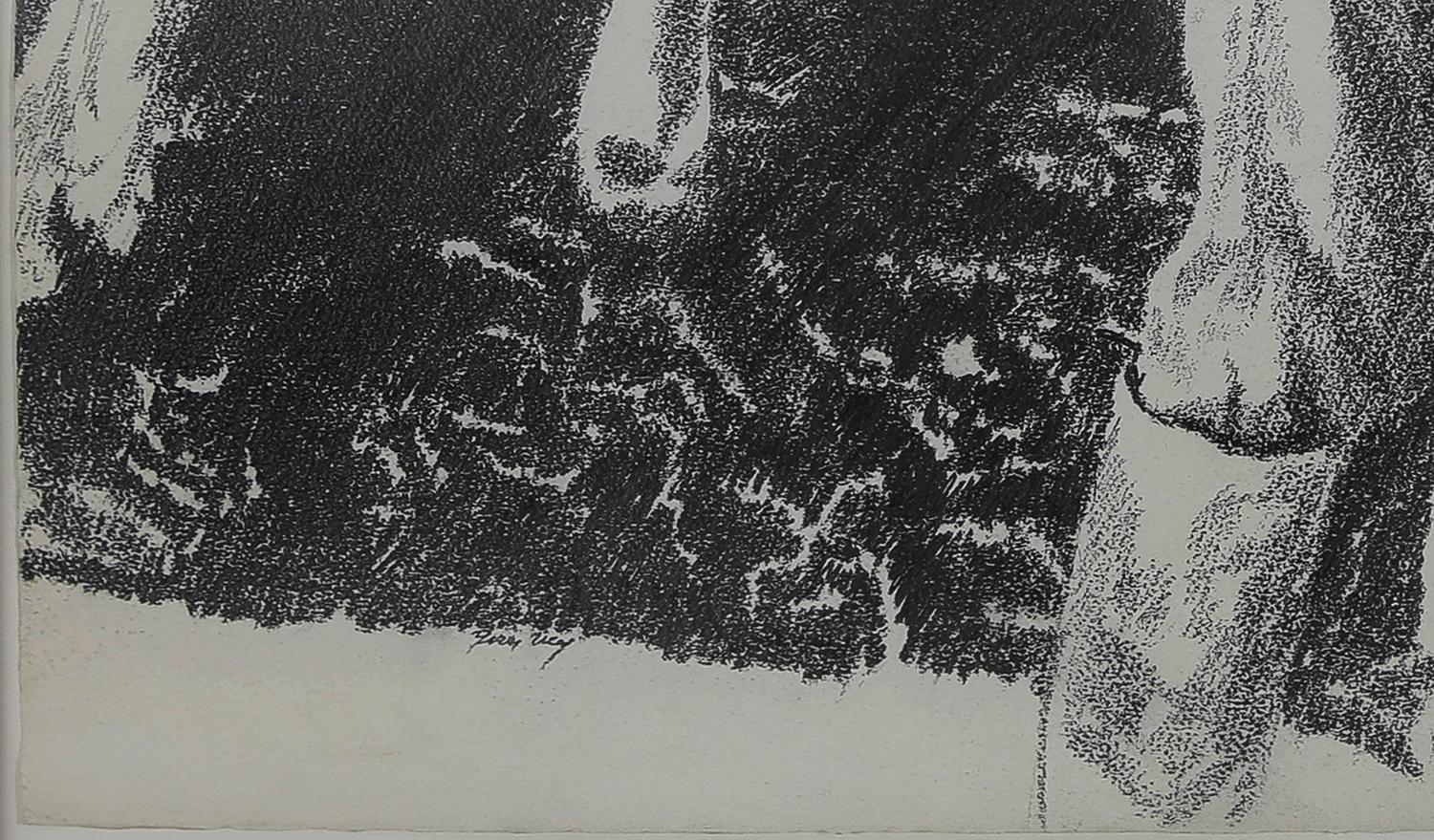 Large black and white drawing by Yvon Pissarro titled Farmhand in a Cowshed For Sale 3
