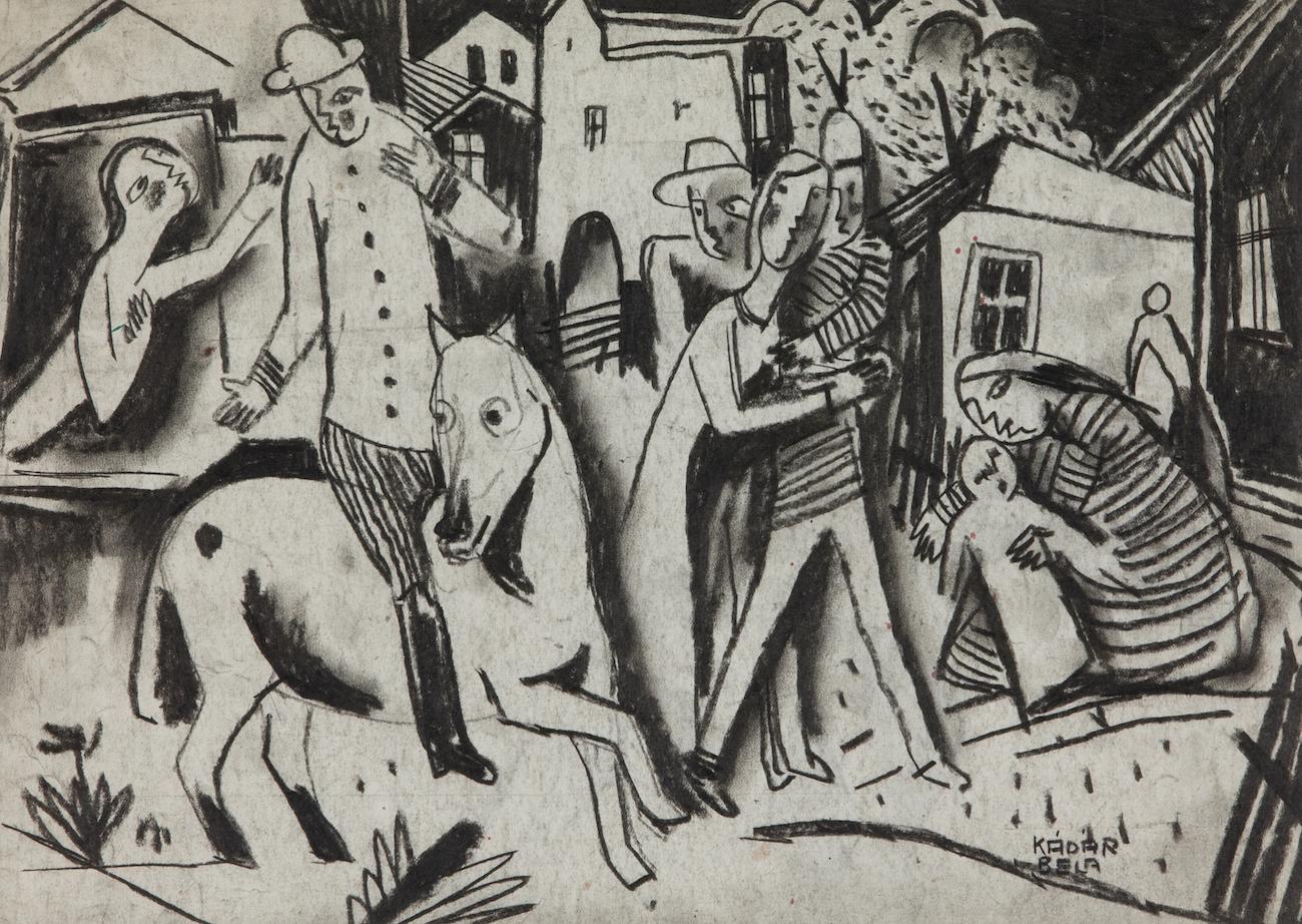 Figures in a Village by Béla Kádár - Charcoal Drawing