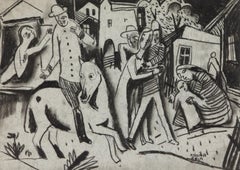 Used Figures in a Village by Béla Kádár - Charcoal Drawing