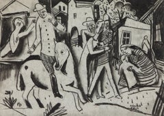 Antique Figures in a Village by Béla Kádár - Charcoal Drawing