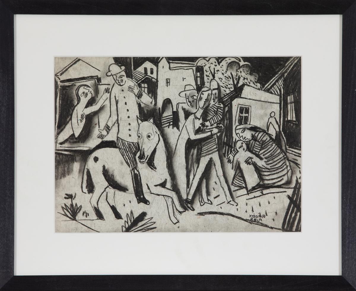 Figures in a Village by Béla Kádár - Charcoal Drawing For Sale 1