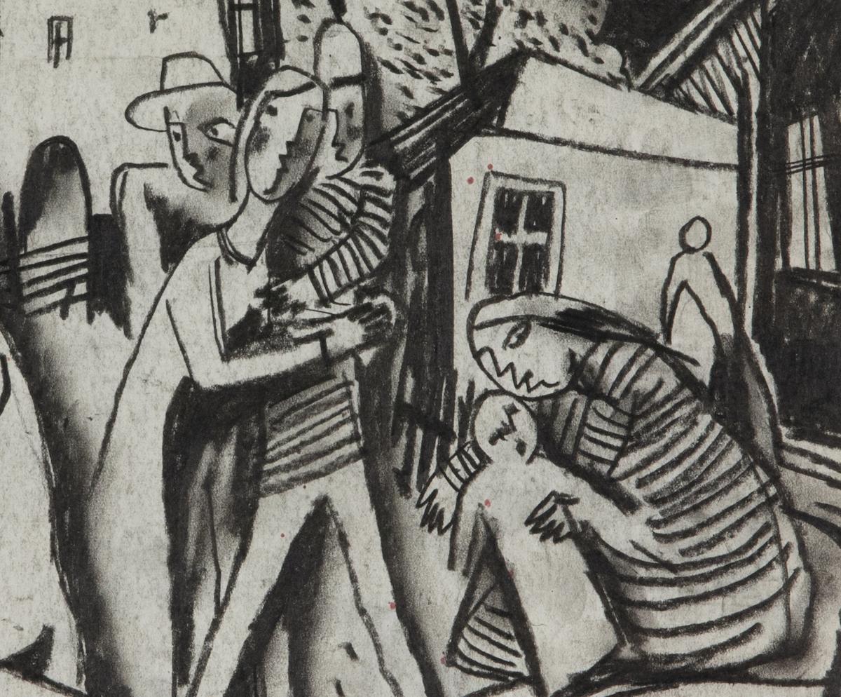 Figures in a Village by Béla Kádár - Charcoal Drawing For Sale 2