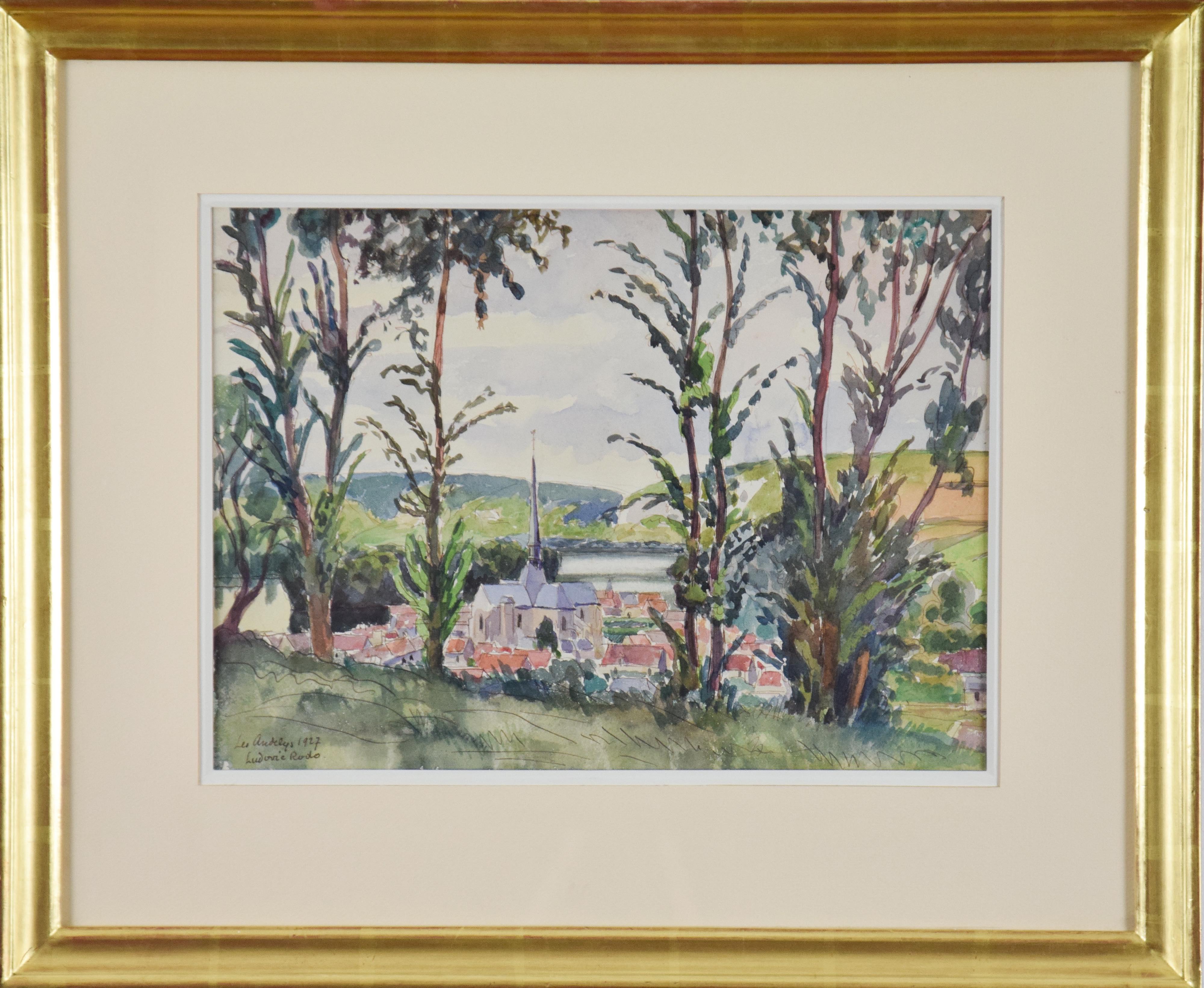 Die Andelys von Ludovic-Rodo Pissarro - Landschafts-Aquarell im Angebot 1