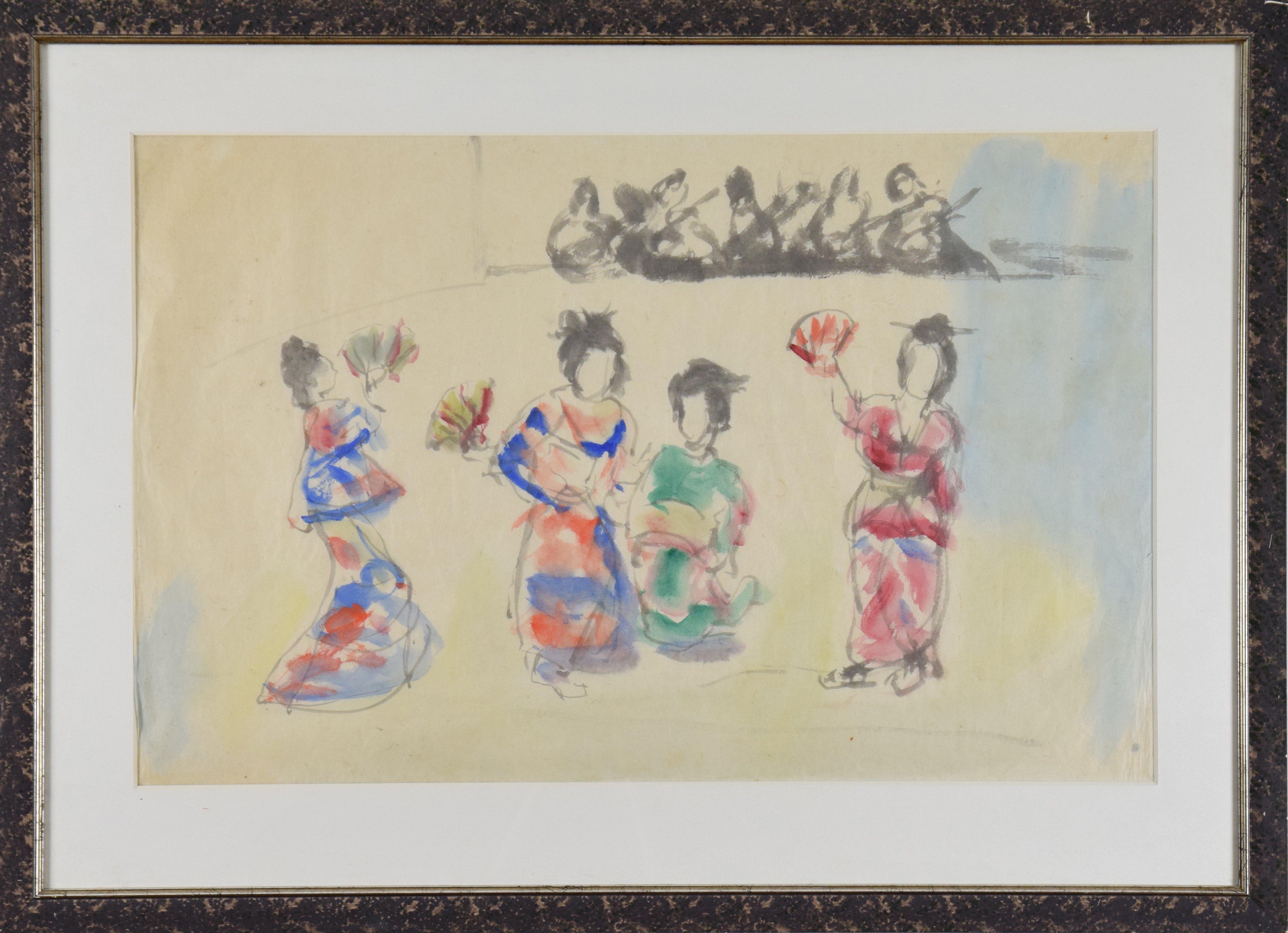 Geisha Girls by Emmanuel Mane-Katz - Watercolour painting - Art by Emmanuel Mané-Katz