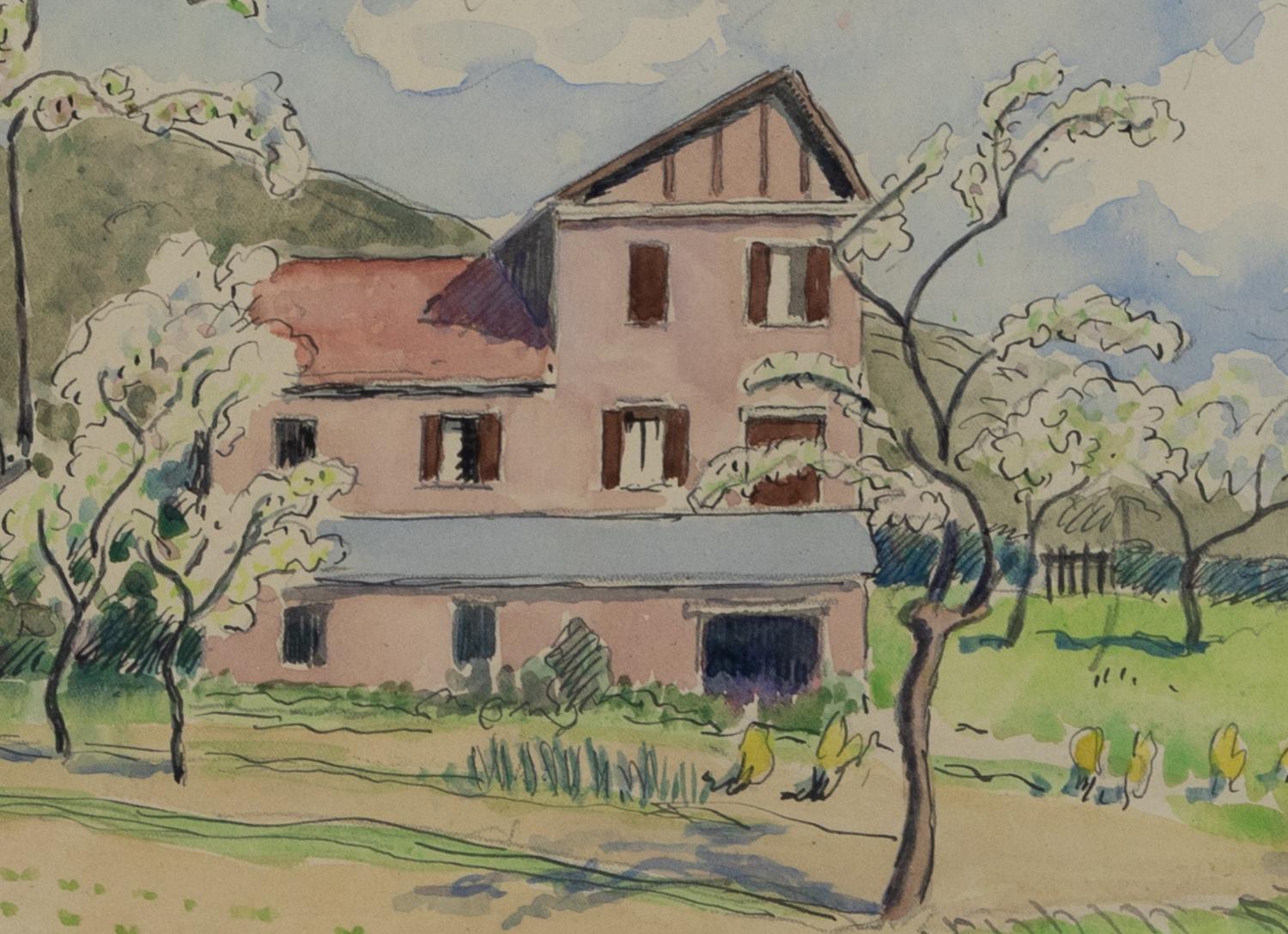 La Maison Rose, Les Andelys von Ludovic-Rodo Pissarro - Landschaft, Aquarell im Angebot 2
