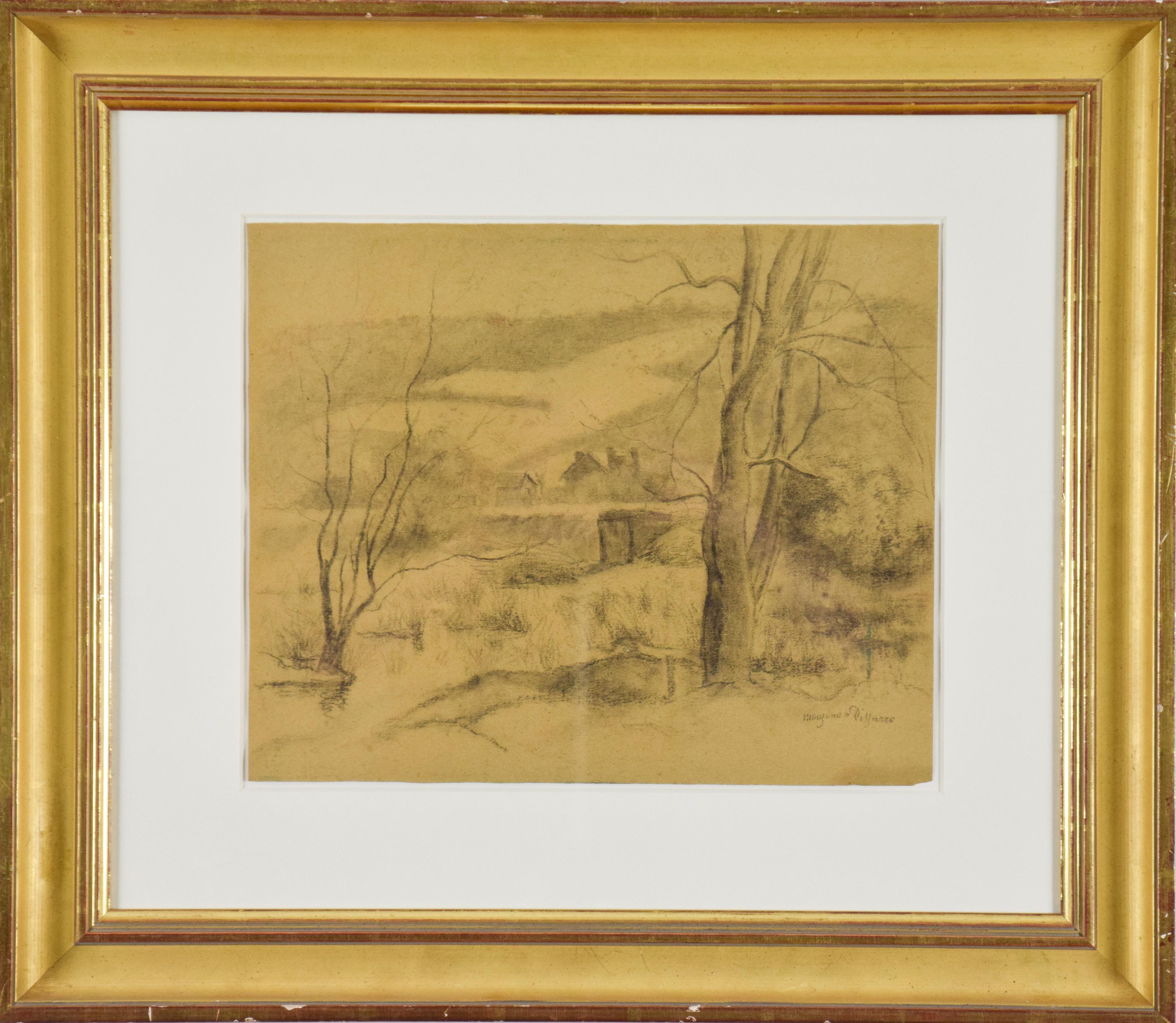 Paysage en Normandie von Georges Manzana Pissarro – Holzkohle-Landschaft – Art von Georges Henri Manzana Pissarro