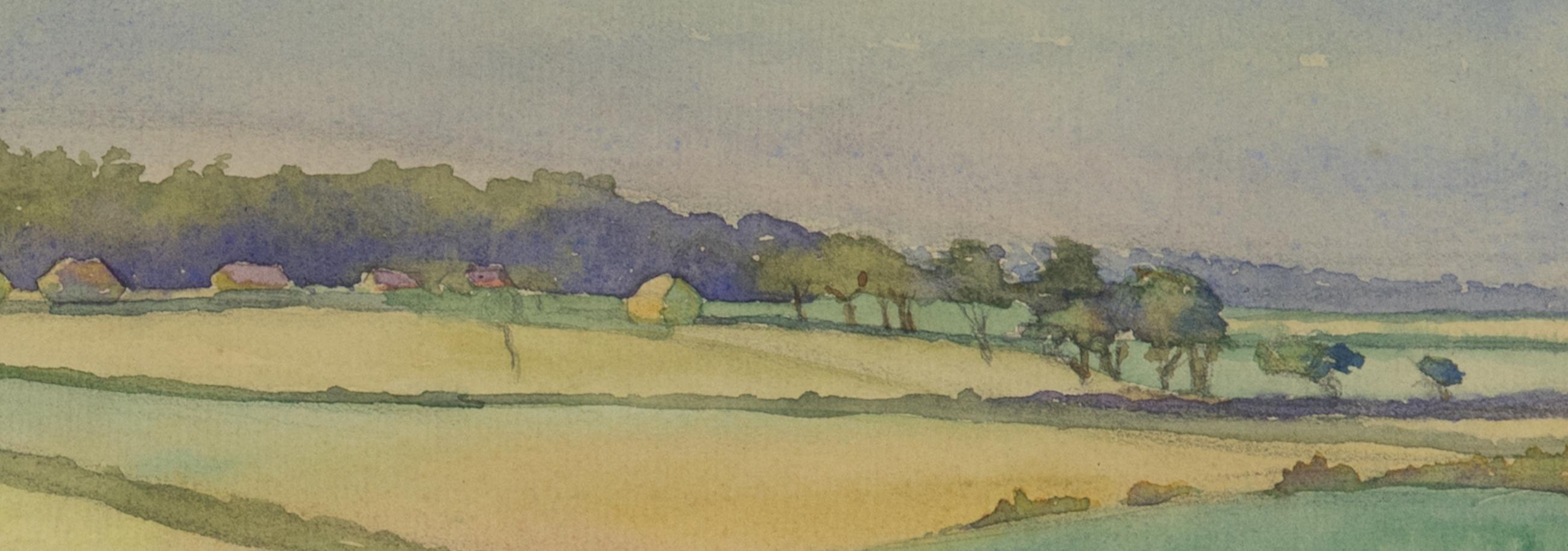 Landscape with Haystacks by Ludovic-Rodo Pissarro - Watercolour For Sale 1