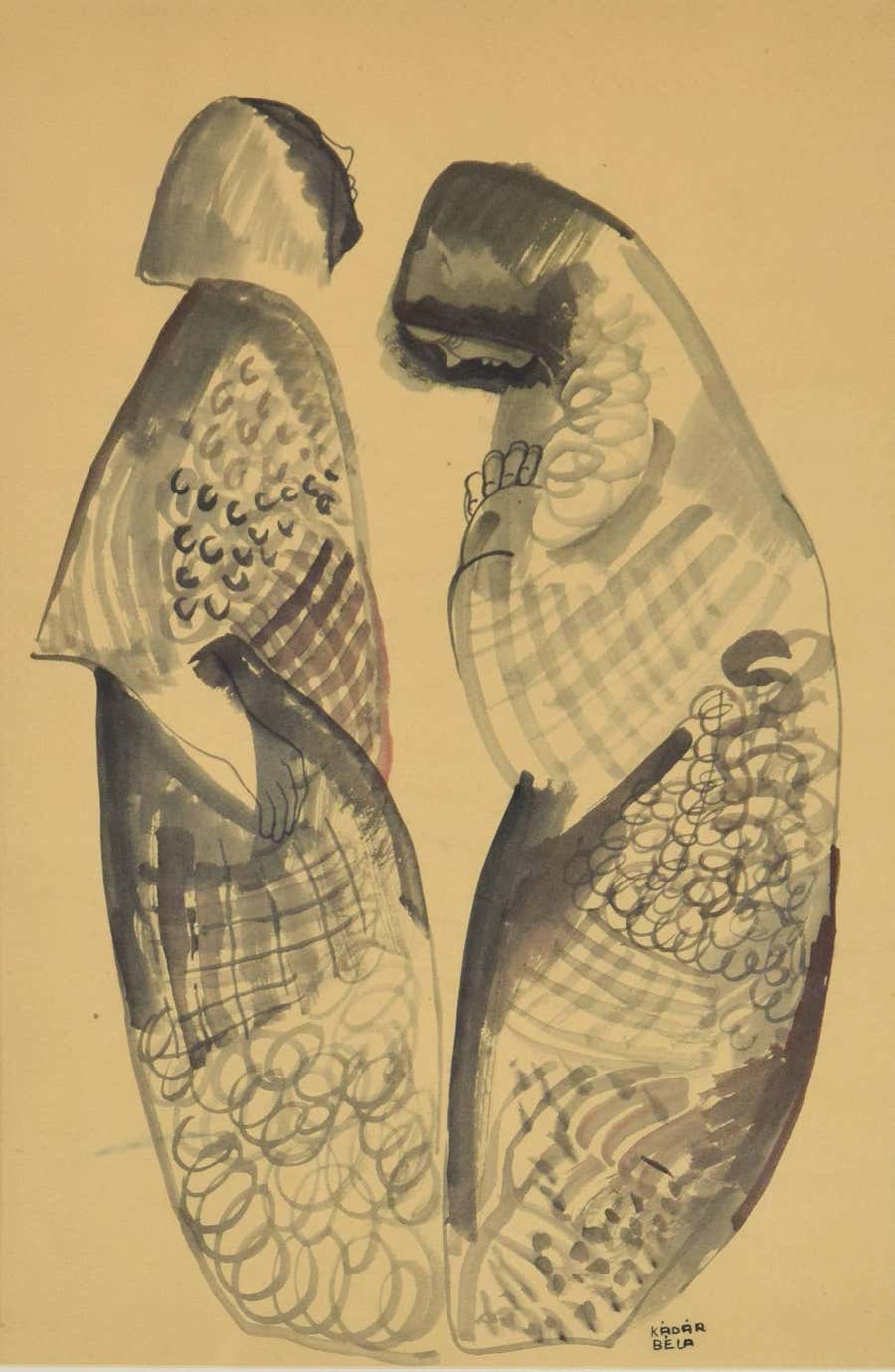Two Figures by Béla Kádár - Hungarian artist, works on paper, Hungarian folklore