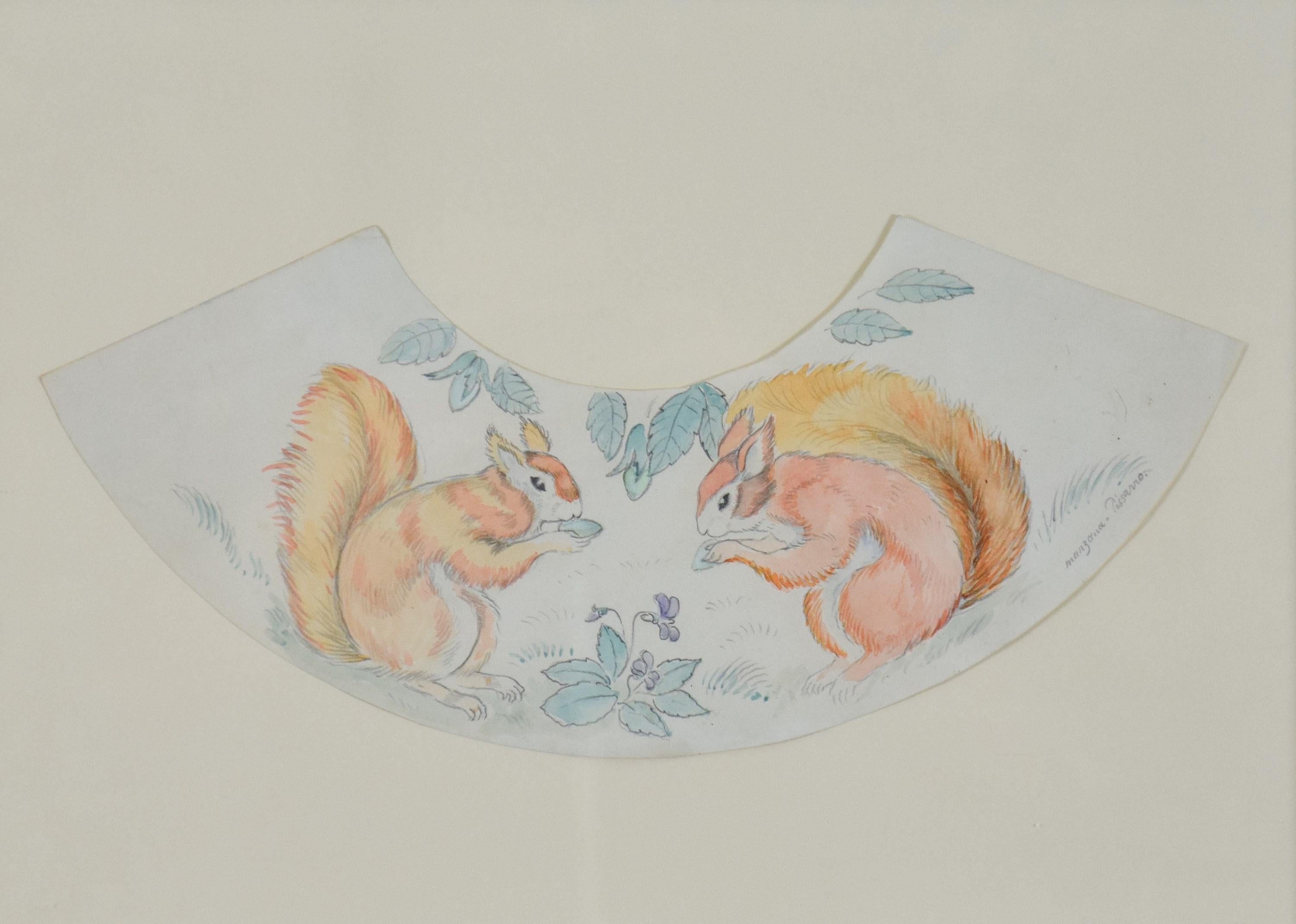Georges Manzana Pissarro Animal Art - Decorative Squirrel Design, Pencil and Watercolour on Paper