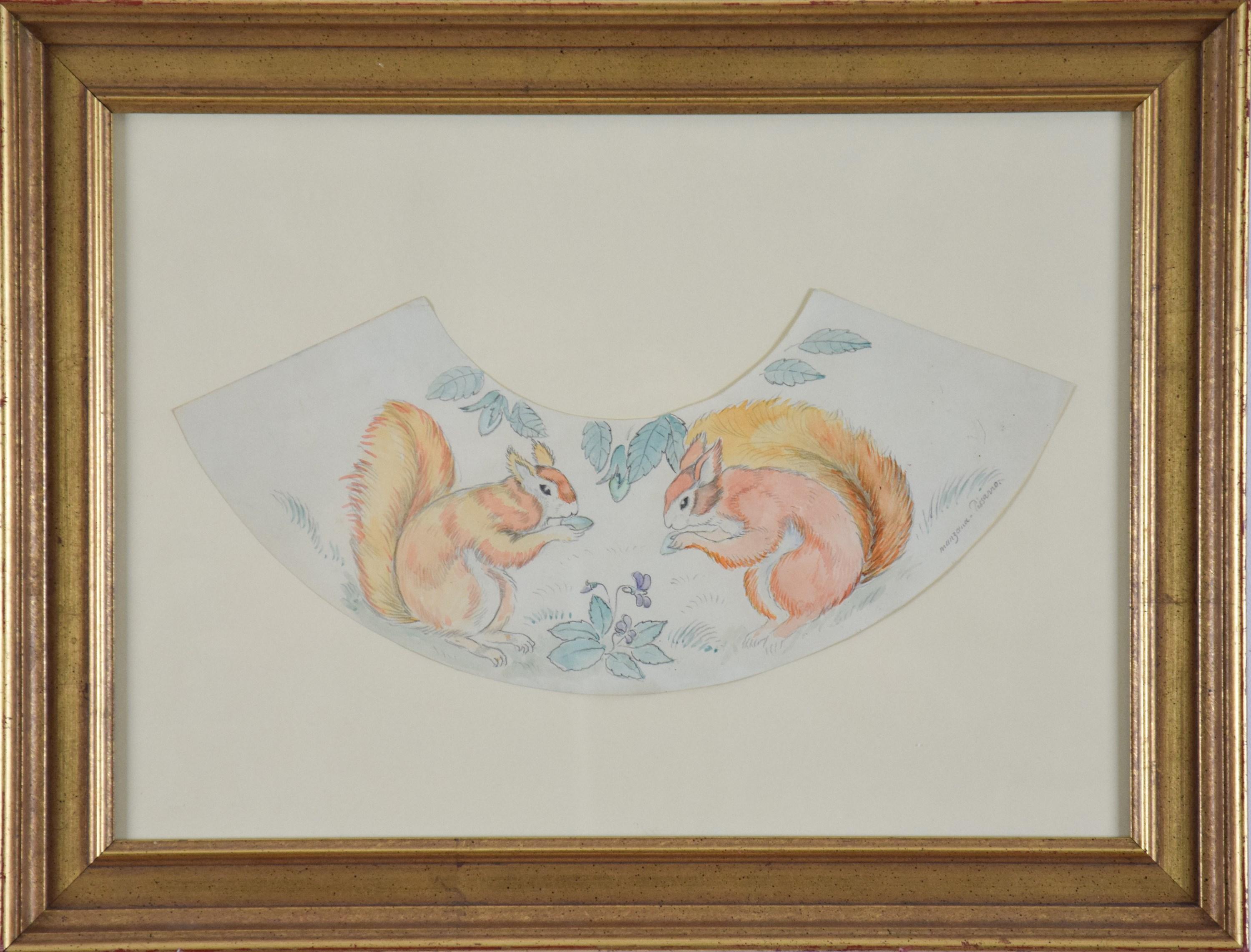 Decorative Squirrel Design, Pencil and Watercolour on Paper - Art by Georges Manzana Pissarro