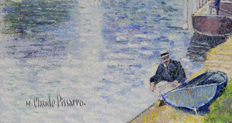 La Marne à Lagny (Quai de la Gourdine) by H. Claude Pissarro - River scene - Gray Figurative Art by Hughes Claude Pissarro