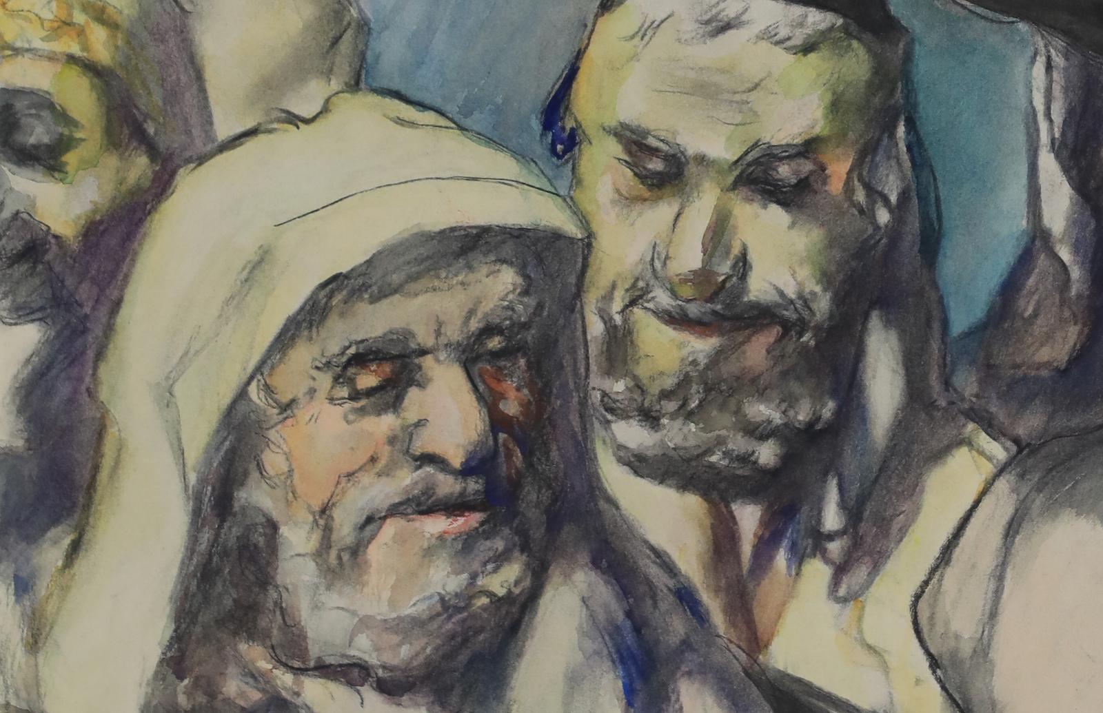 Lifting the Torah by Ludwig Meidner - Religious scene, work on paper For Sale 2