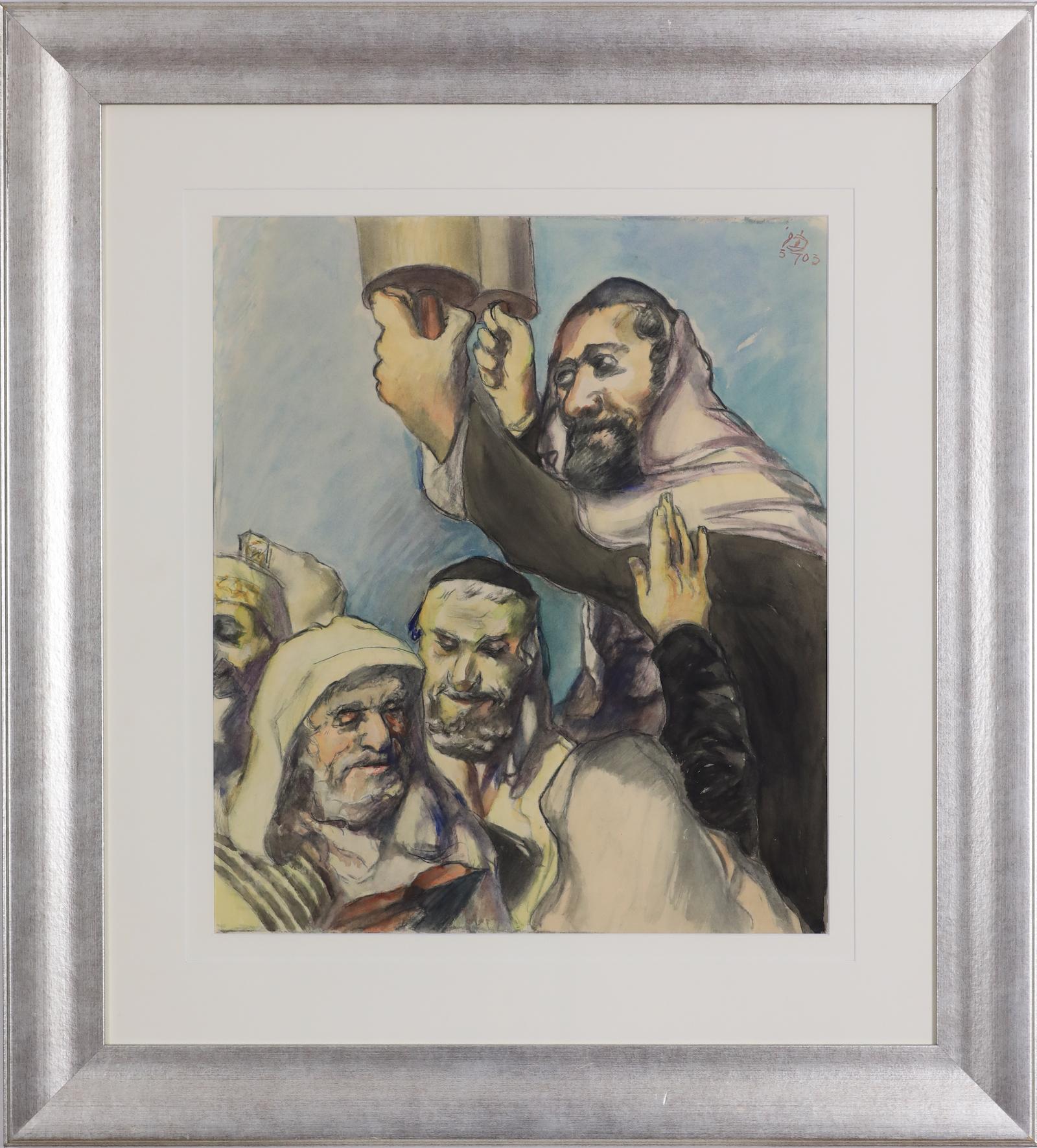 Lifting the Torah by Ludwig Meidner - Religious scene, work on paper For Sale 1