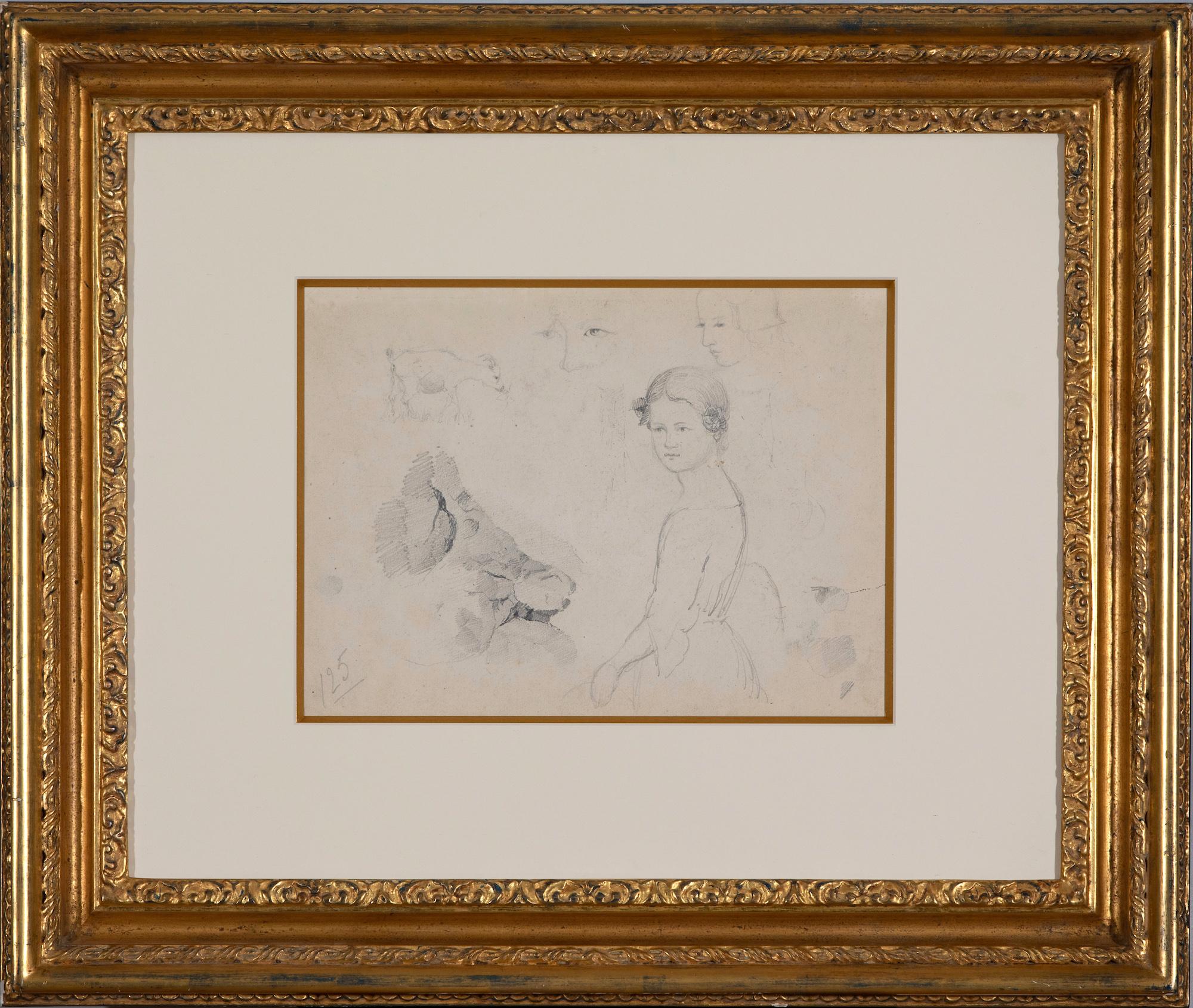 *UK BUYERS WILL PAY AN ADDITIONAL 5% IMPORT DUTY ON TOP OF THE ABOVE PRICE

Études d'après nature by Camille Pissarro (1830-1903)
Études de femme, visages, chèvres et rocher
Pencil on paper
22 x 29.6 cm (8 ⁵/₈ x 11 ⁵/₈ inches)

Drawing on the