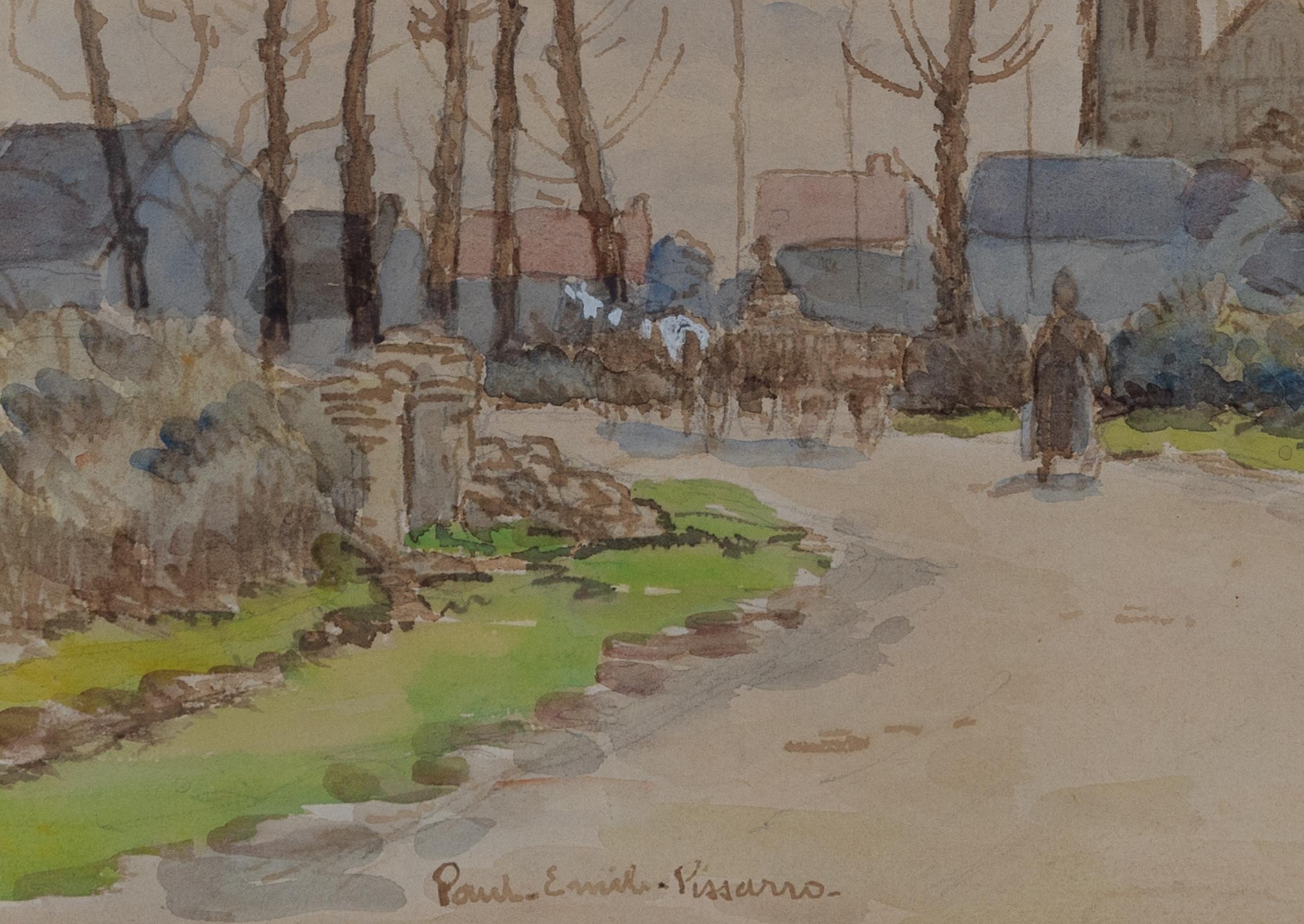 Promeneuse sur un chemin von Paulémile Pissarro - Arbeit auf Papier, Aquarell im Angebot 2