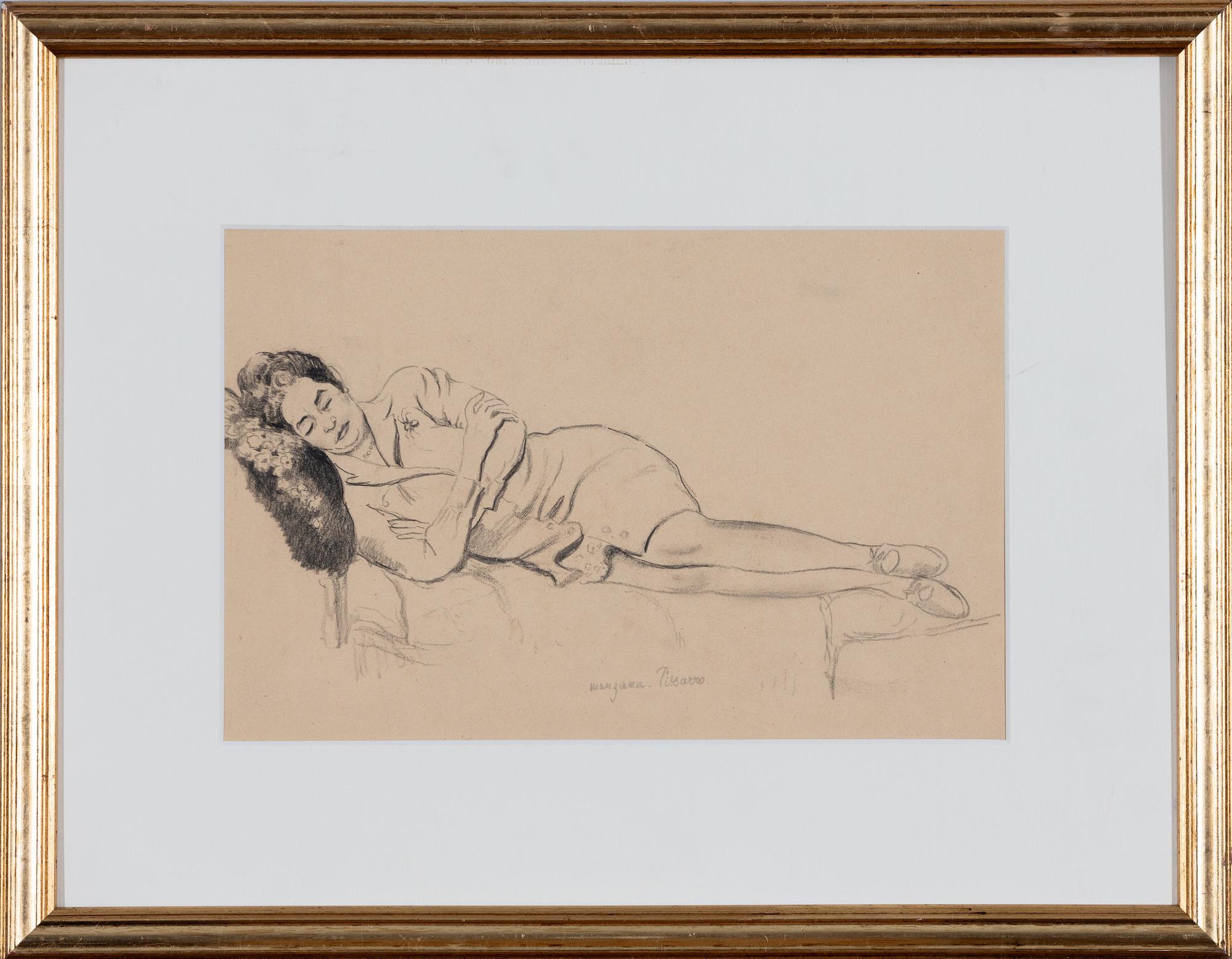 Roboa Sleeping (The Artist's Wife) by Georges Manzana Pissarro (1871-1961)
Charcoal on paper
20.4 x 31.2 cm (8 x 12 ¼ inches)
Signed lower centre, manzana. Pissarro

This work is accompanied by a certificate of authenticity from Lélia Pissarro.