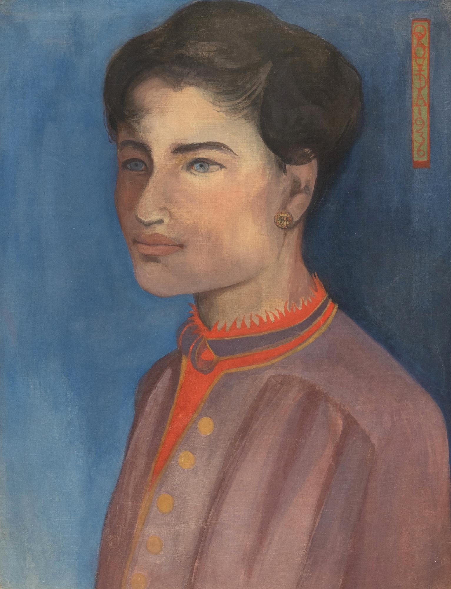 Portrait of a Woman by Orovida Pissarro (1893-1968)
Egg tempera on silk laid down on stretched linen
47.6 x 37 cm (18 ³/₄ x 14 ⁵/₈ inches)
Signed and dated upper right, OROVIDA 1936

Provenance: Christie's London, 1985
Kunstgalerij De Vuyst,
