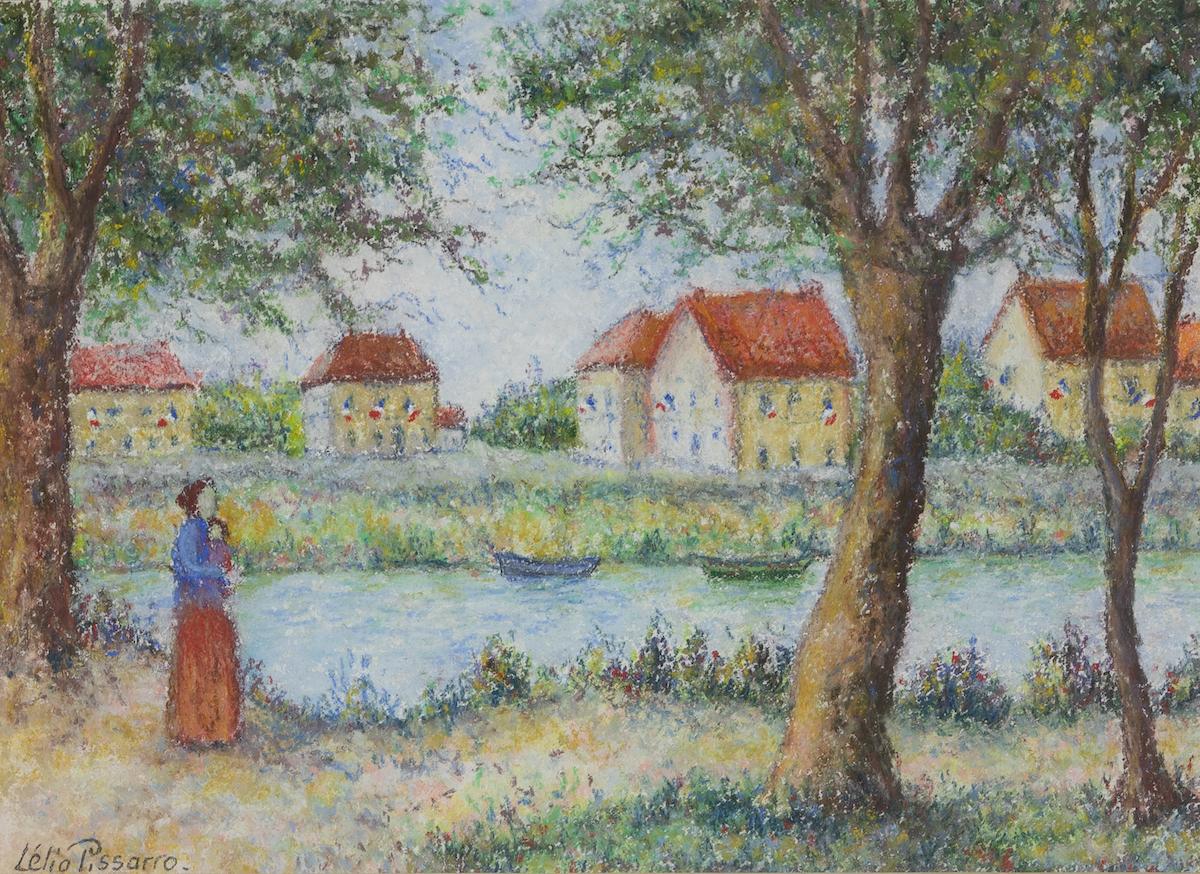 Lelia Pissarro Landscape Art - Le 14 juillet au bord de la Seine by Lélia Pissarro - Figurative pastel 