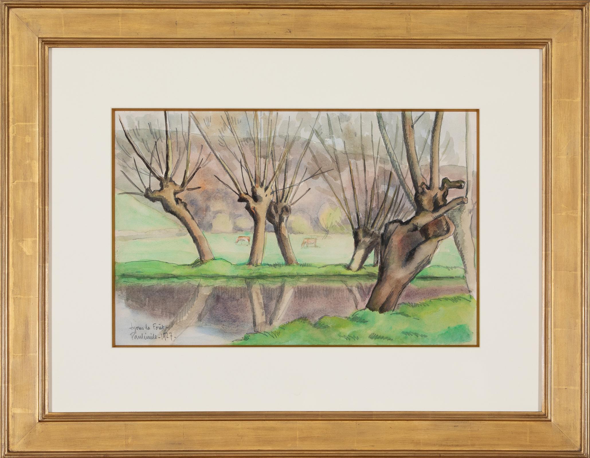 Fluss Eure, Lyons la Forêt von Paulémile Pissarro - Landschaftsaquarell – Art von Paul Emile Pissarro