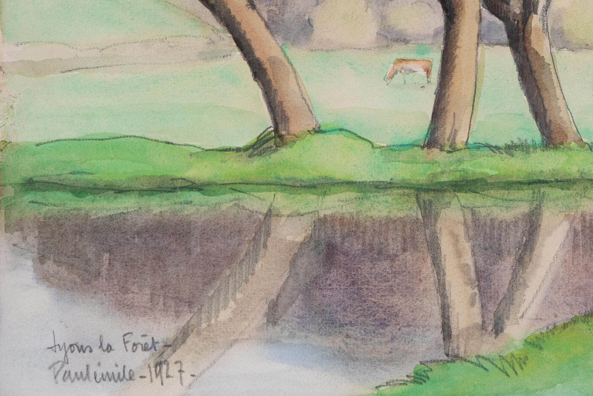 Fluss Eure, Lyons la Forêt von Paulémile Pissarro (1884-1972)
Aquarell und Buntstift auf Papier
31,5 x 48,5 cm (12 ³/₈ x 19 ¹/₈ Zoll)
Betitelt, signiert und datiert unten links, Lyons la Forêt - Paulémile - 1927 -

Dieses Aquarell zeigt den Fluss