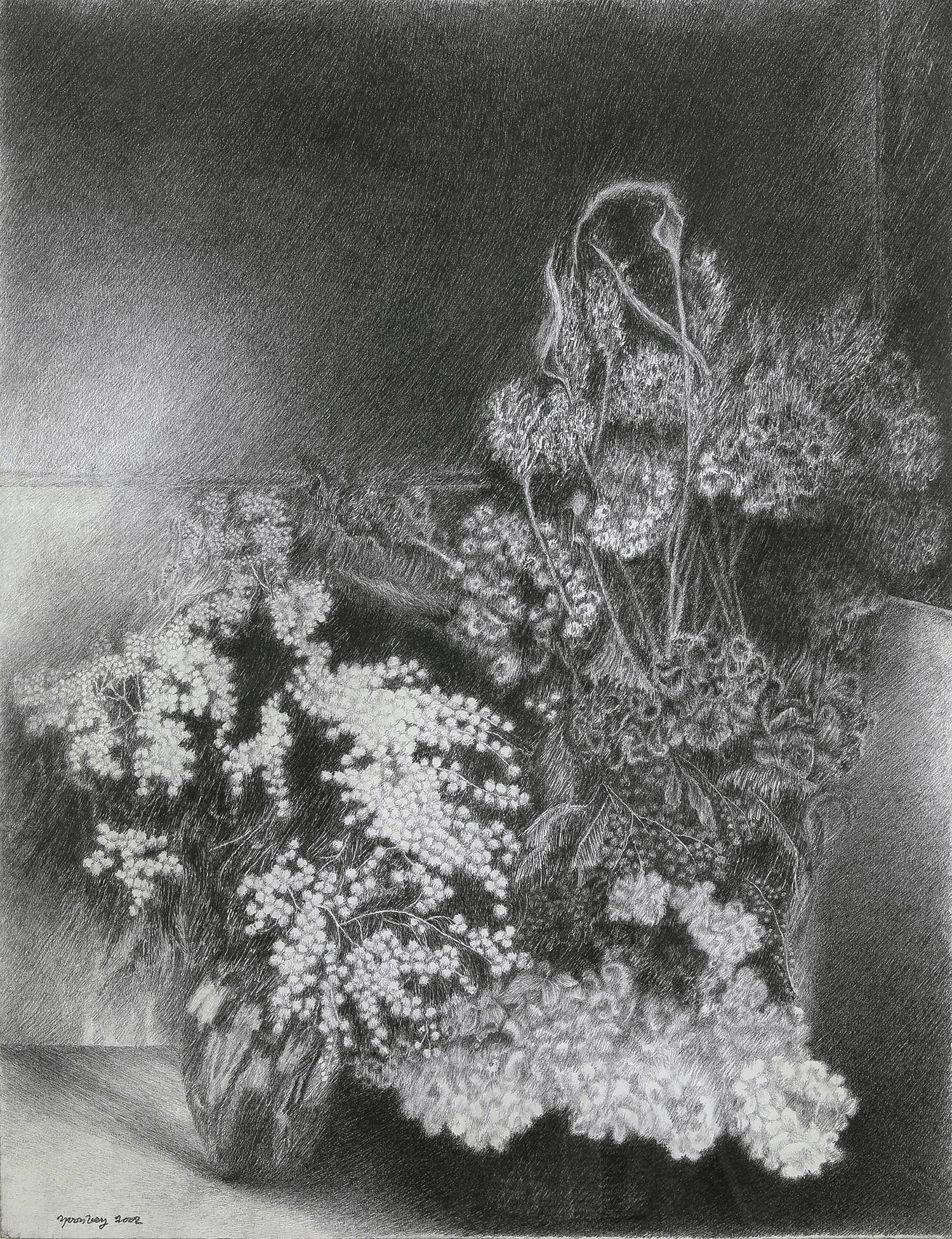Schwarz-weiße Stillleben-Blumenzeichnung von Mimosas des Künstlers Yvon Pissarro