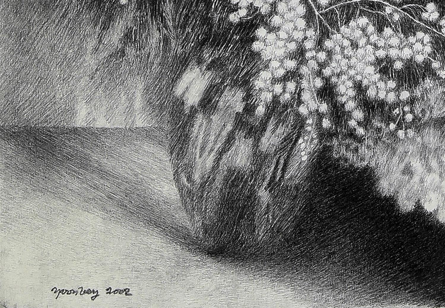 Schwarz-weiße Stillleben-Blumenzeichnung von Mimosas des Künstlers Yvon Pissarro im Angebot 3