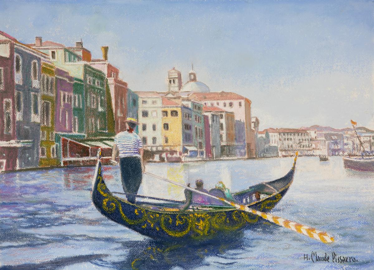 Hughes Claude Pissarro Landscape Art – La Gondole de Pedro, Venise von H. Claude Pissarro – Flussszene 