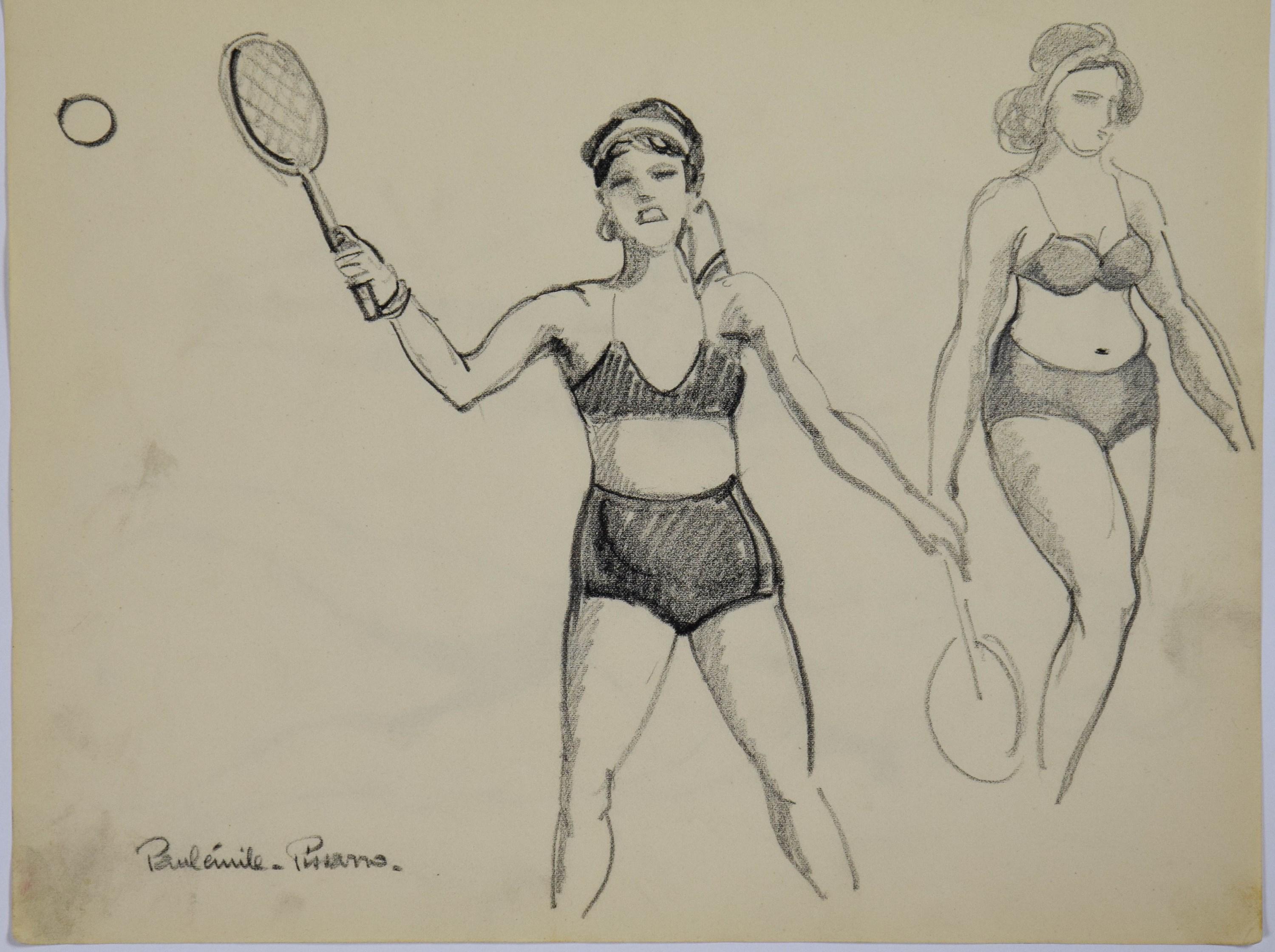THIS WORK IS SOLD UNFRAMED 

Yvonne Jouant au Tennis by Paulémile Pissarro (1884 - 1972)
Graphite on paper
20.2 x 27 cm (8 x 10 ⁵/₈ inches)
Signed lower left, Paulémile-Pissarro-

Paulémile here depicts his wife playing tennis. This work is