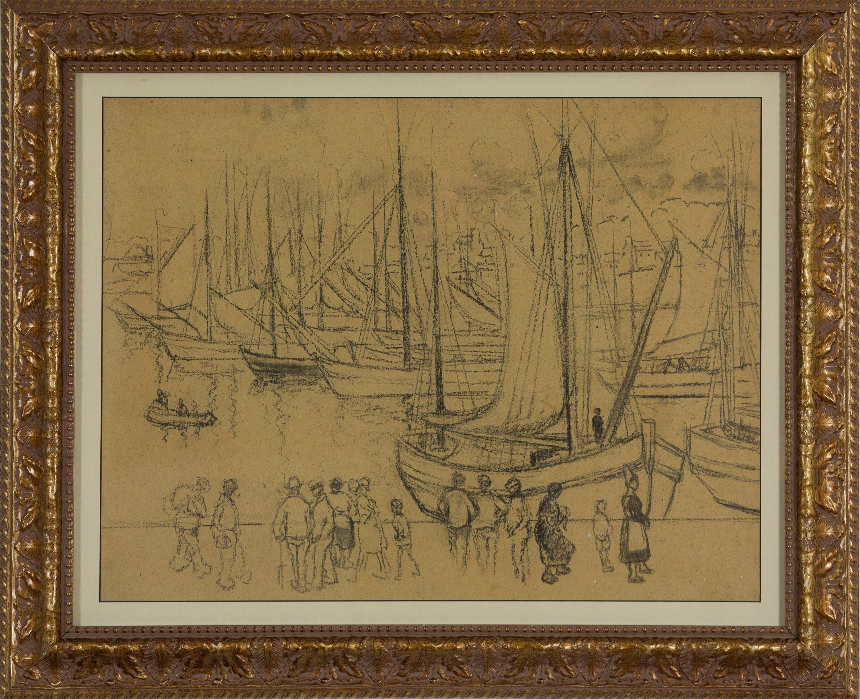Scène de port en Bretagne par Georges Manzana Pissarro - Fusain sur panneau en vente 1