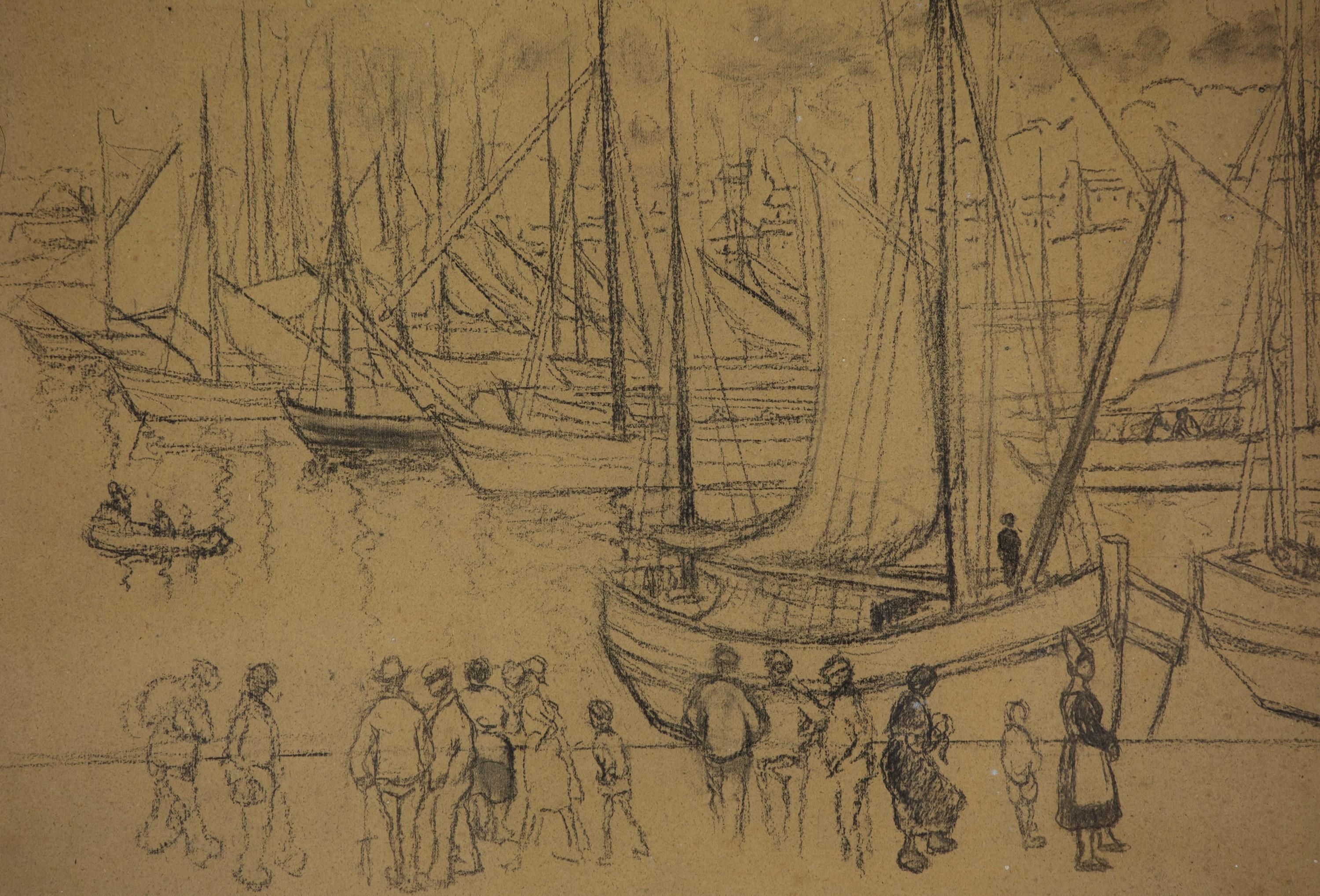 Port Scene in Brittany by Georges Manzana Pissarro - Charcoal on Board For Sale 2
