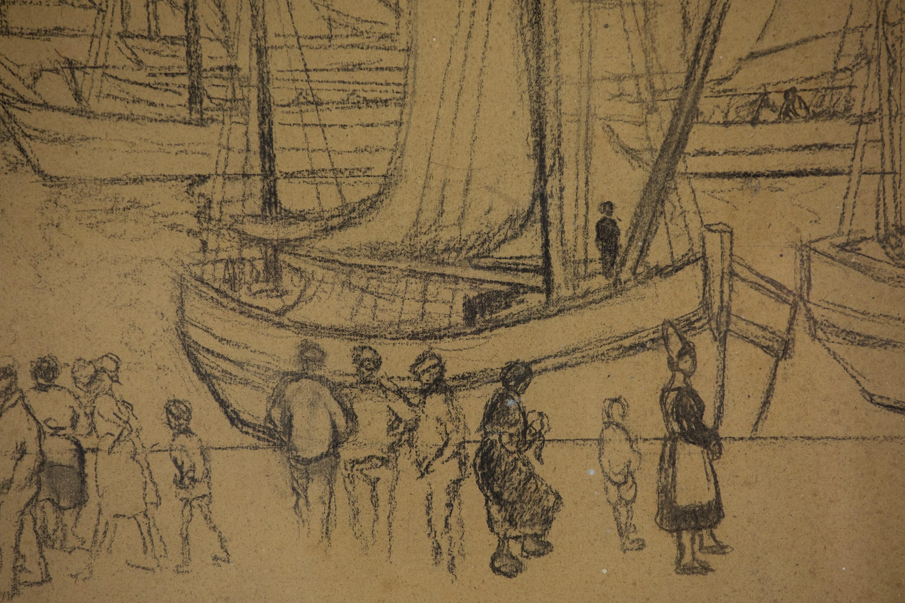 Scène de port en Bretagne par Georges Manzana Pissarro - Fusain sur panneau en vente 3