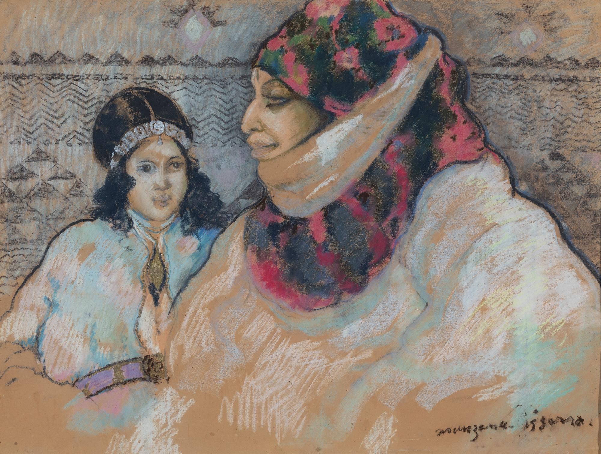 Moroccan Woman with Girl, Pastel with Gold and Silver on Paper
Pastel with gold and silver on paper
47 x 62cm (18 ½ x 24 ⅜ inches)
Signed lower right, Manzana Pissarro
Painted circa 1940

This work is accompanied by a certificate of authenticity